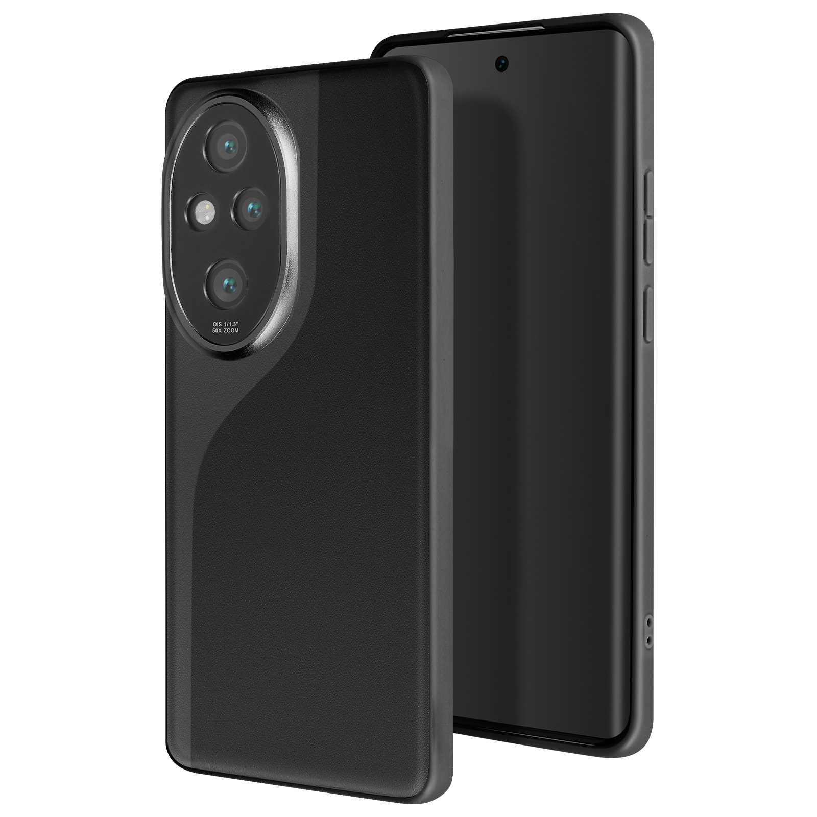 Custodia e telefono neri. Mostra l'urto della fotocamera e i pulsanti laterali. Il telefono è di lato.