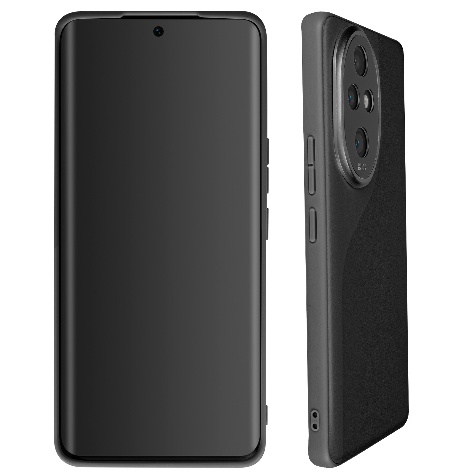 Custodia per telefono nera con telefono, che mostra fotocamera, pulsanti laterali e schermo.