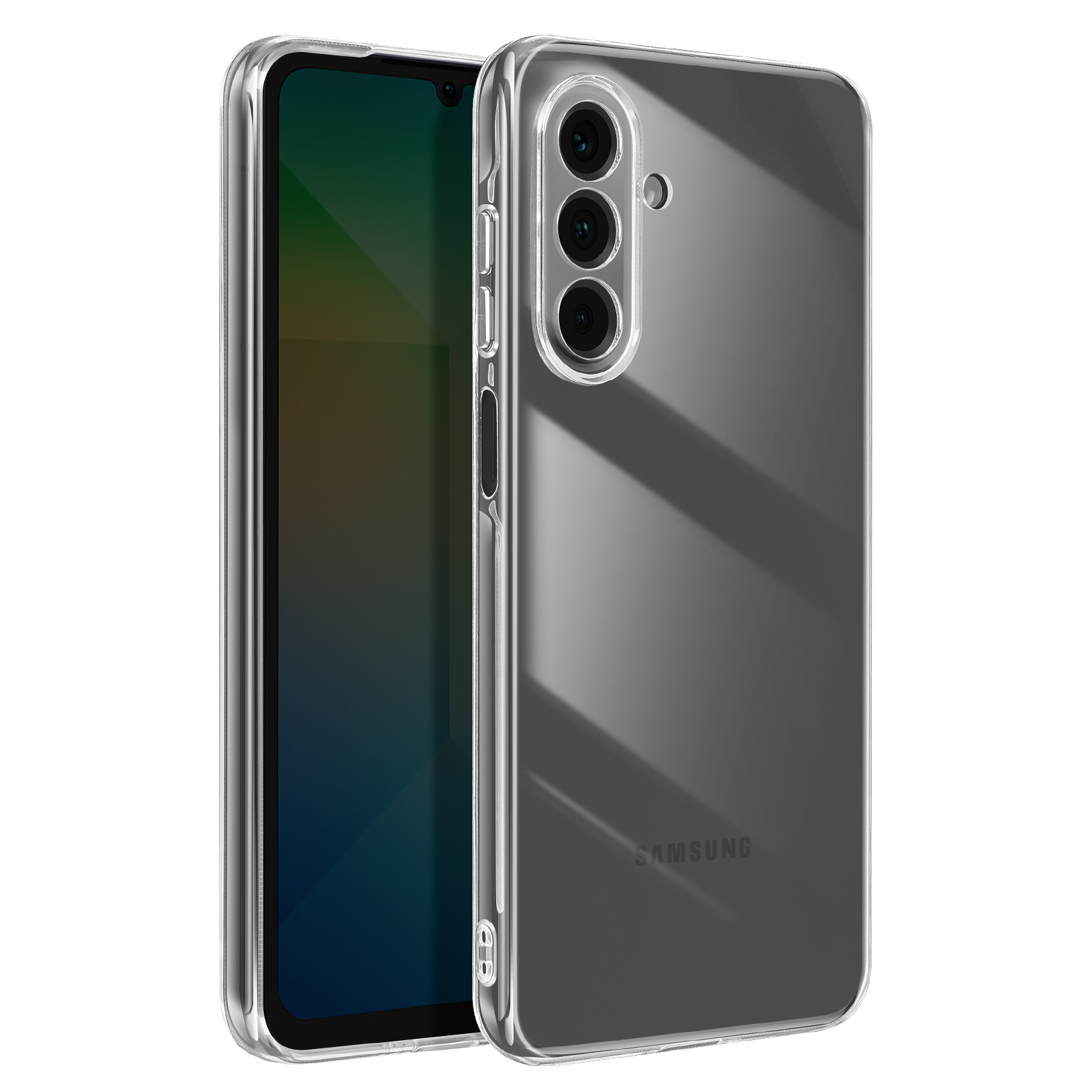 Una custodia trasparente per telefono su un telefono Samsung nero. La custodia rivela i pulsanti e la fotocamera del telefono.