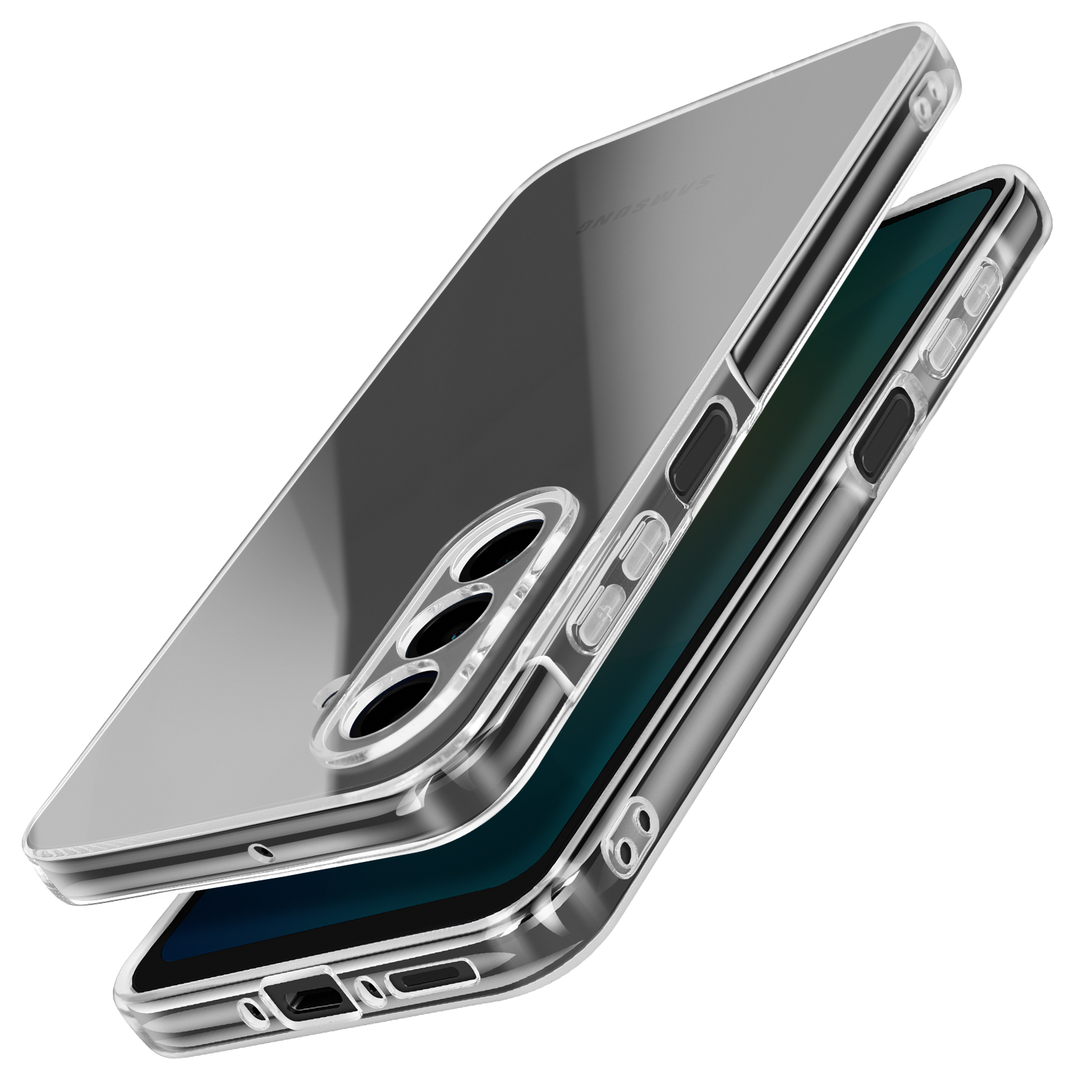 Custodia trasparente per telefono con un telefono all'interno. Il lato del telefono è visibile. Custodie sovrapposte.