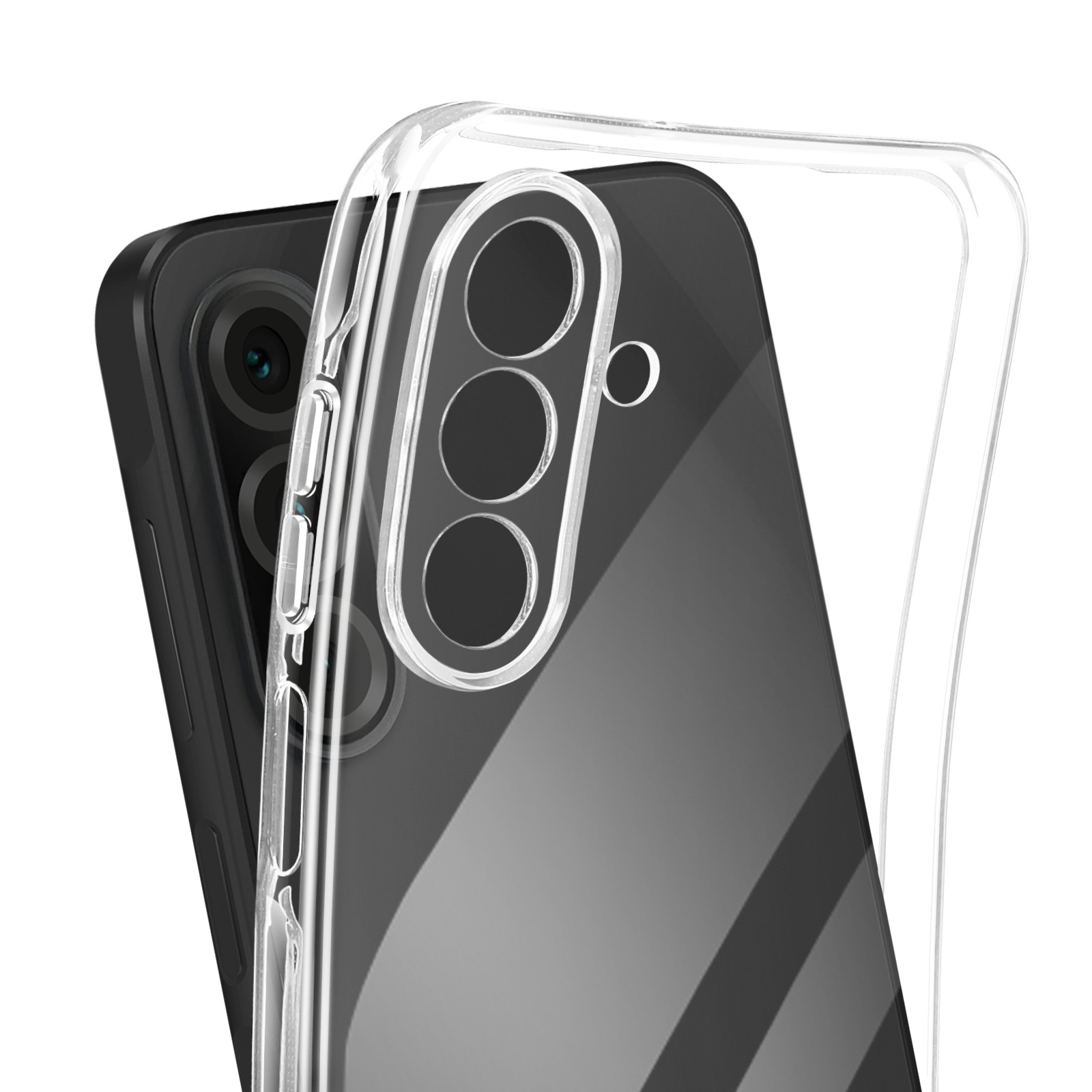 Una custodia trasparente per telefono con un telefono nero all'interno. Le fotocamere sono visibili.