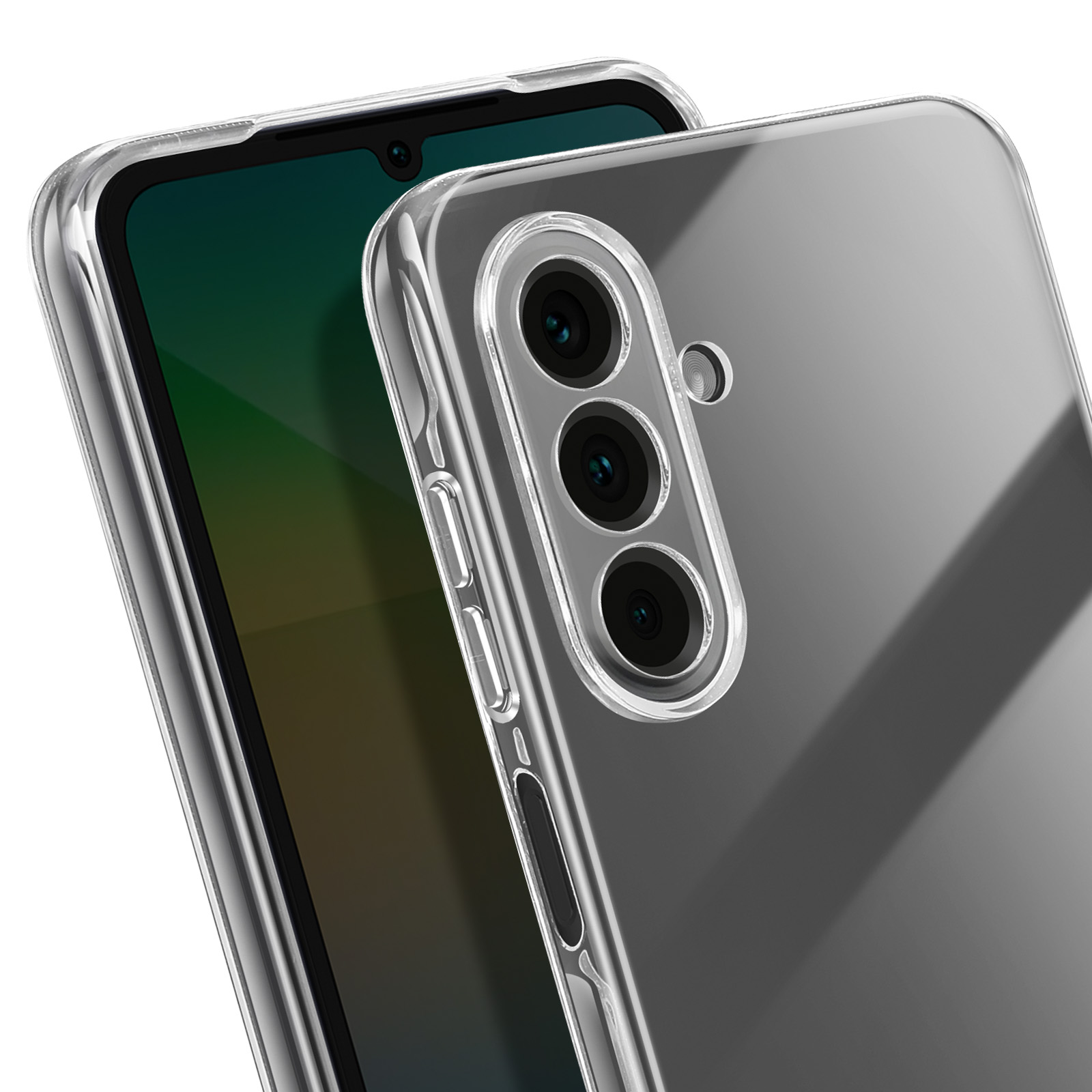 Una custodia trasparente per telefono con un telefono all'interno. Le fotocamere sono visibili sul retro del telefono.