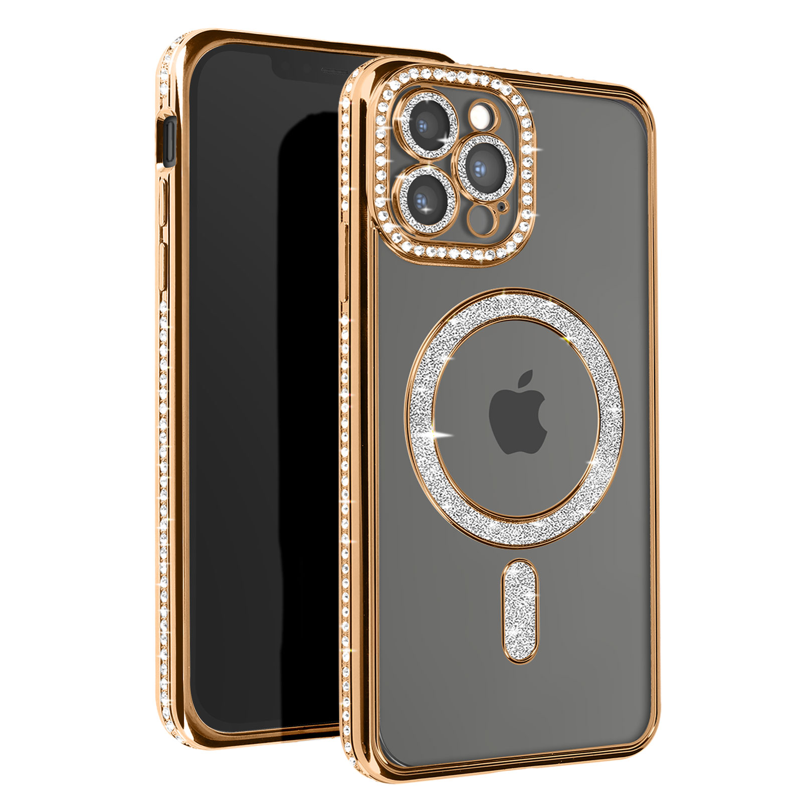 Una custodia per telefono dorata con strass attorno alla fotocamera e ai bordi, con un logo Apple.
