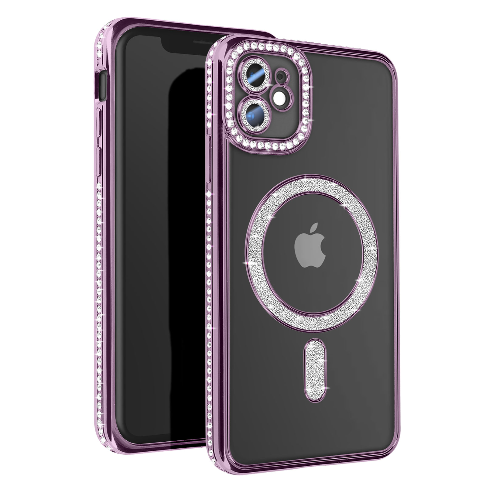 Una custodia per telefono viola con strass attorno alla fotocamera e ai bordi, con un logo Apple.