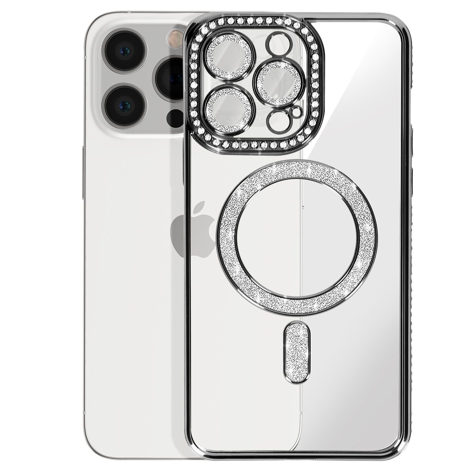 Una custodia trasparente per telefono con strass attorno alla fotocamera e ai bordi, con un logo Apple.