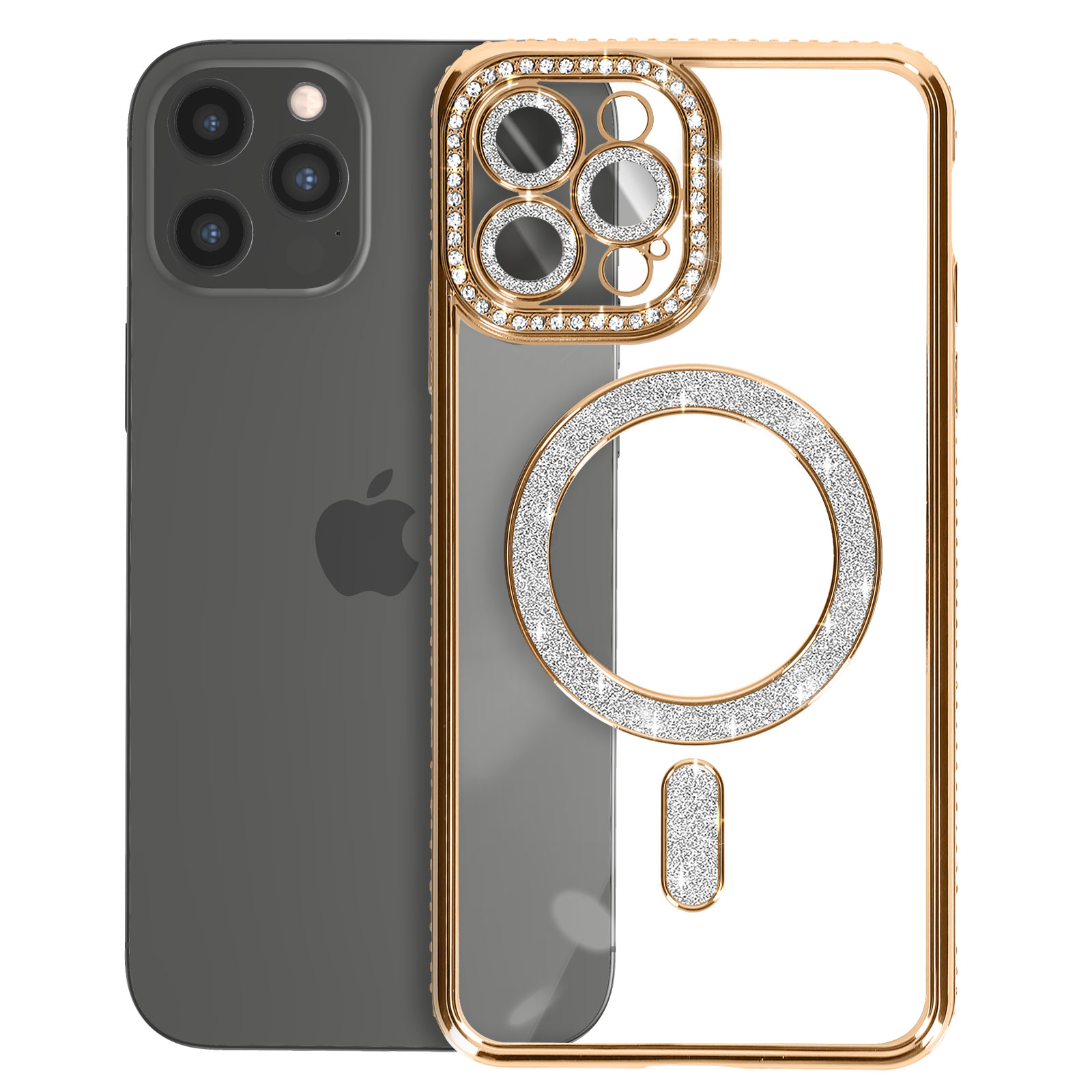 iPhone con custodia trasparente bordata d'oro e tempestata di cristalli. La custodia presenta un anello MagSafe e il logo Apple.
