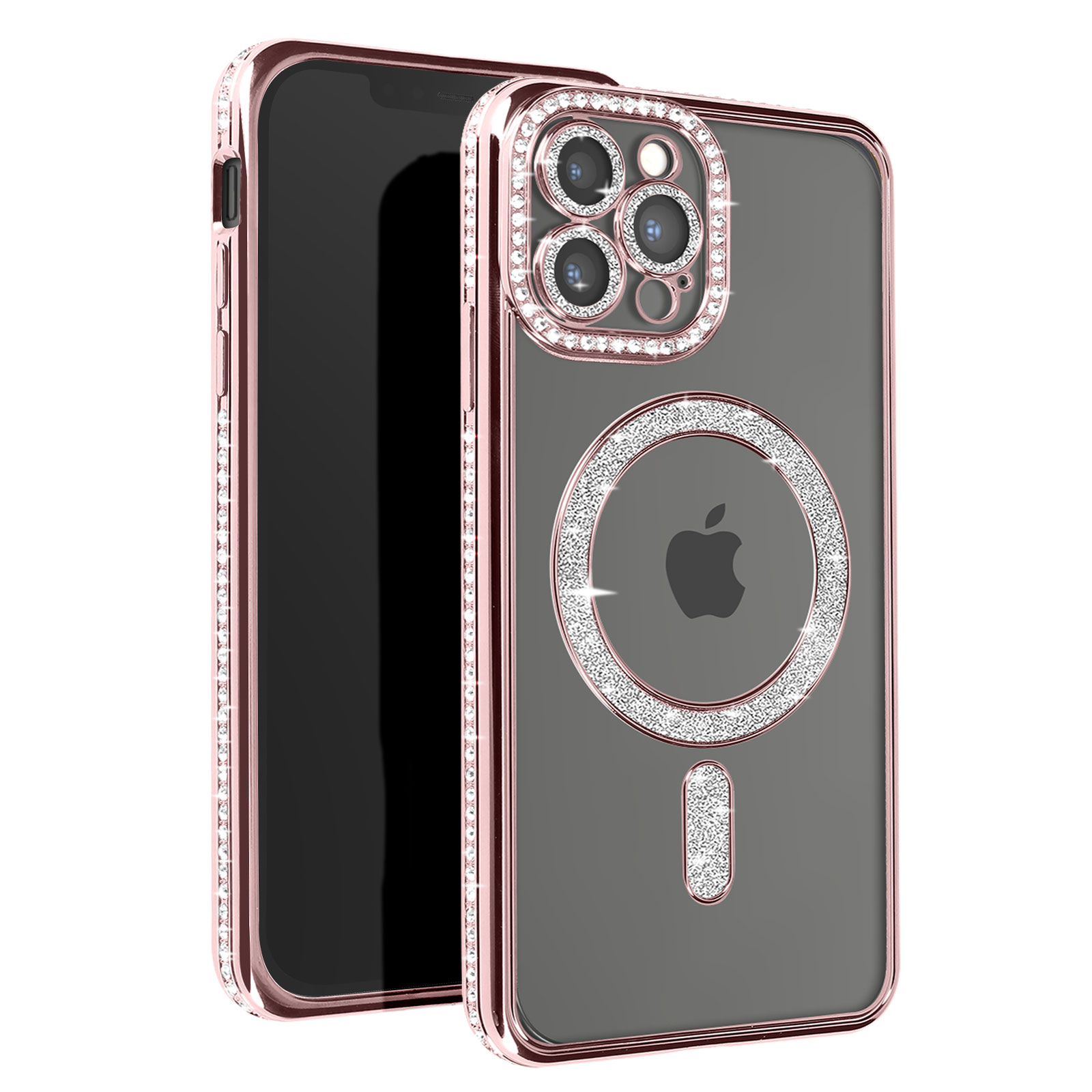 Una custodia per telefono oro rosa con strass attorno alla fotocamera e ai bordi, con un logo Apple.