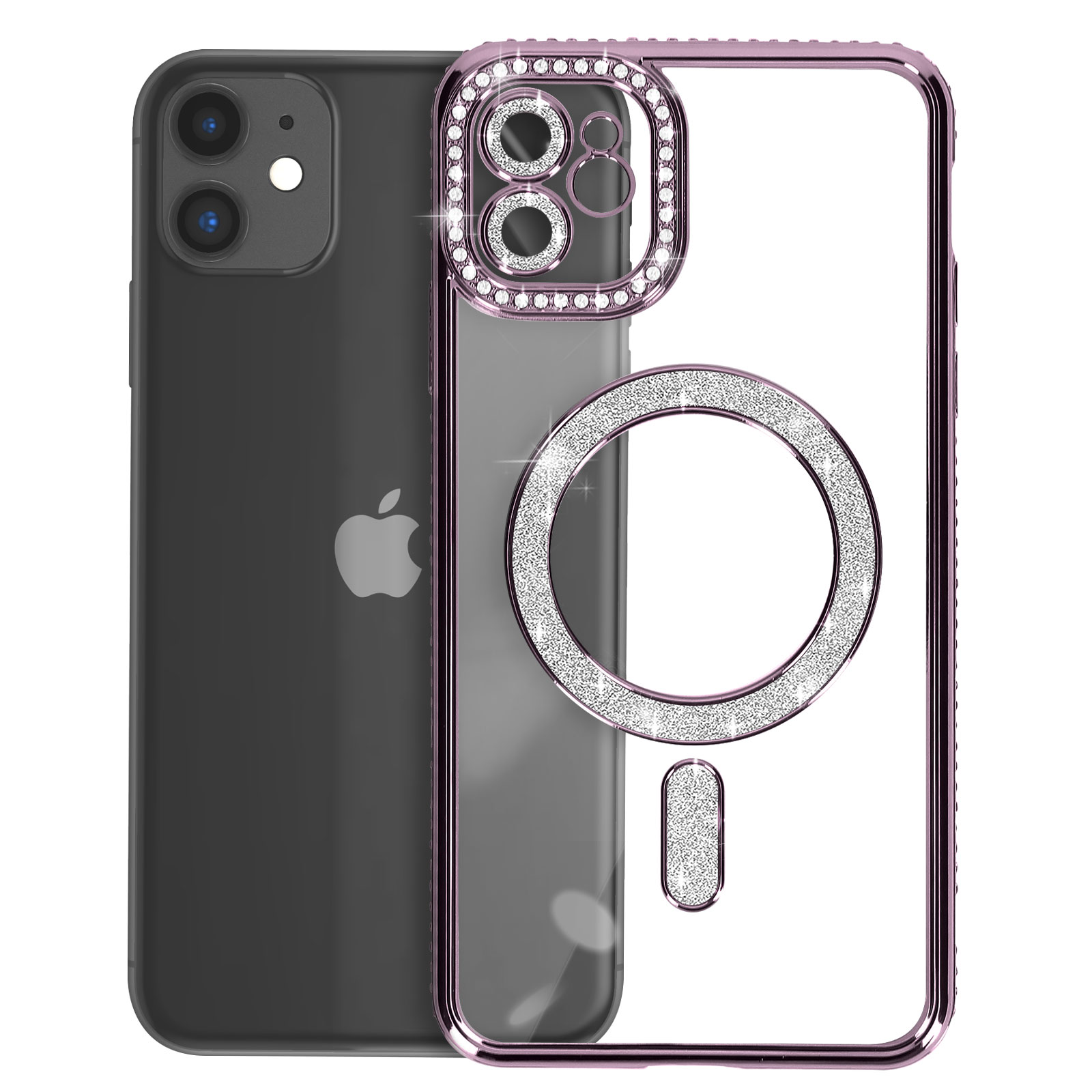 iPhone con custodia trasparente bordata di rosa e tempestata di cristalli. La custodia presenta un anello MagSafe e il logo Apple.