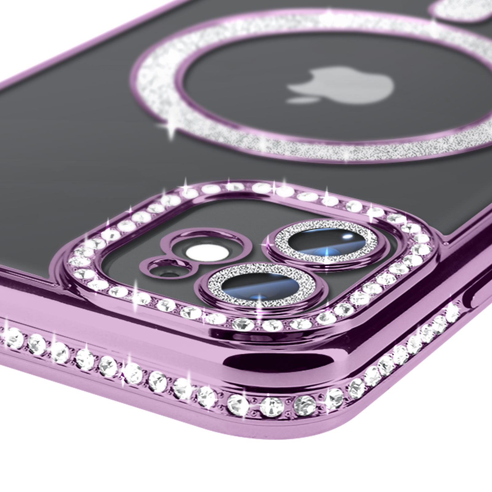 Primo piano di una custodia viola per telefono, che evidenzia i cristalli attorno agli obiettivi della fotocamera e ai bordi della custodia.