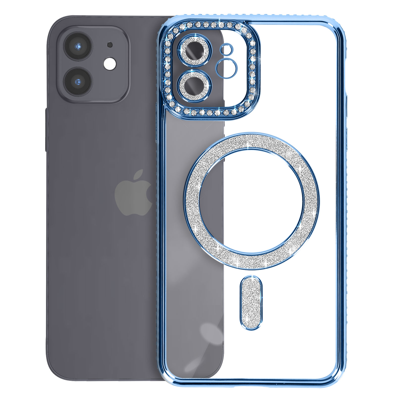 iPhone con custodia trasparente bordata di blu e tempestata di cristalli. La custodia presenta un anello MagSafe e il logo Apple.