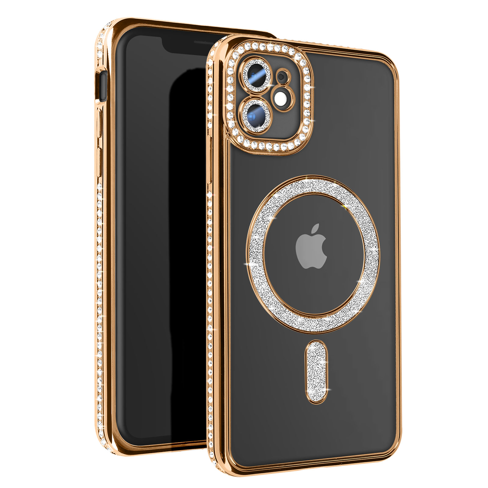 iPhone con custodia trasparente bordata d'oro e tempestata di cristalli. La custodia presenta un anello MagSafe e il logo Apple.