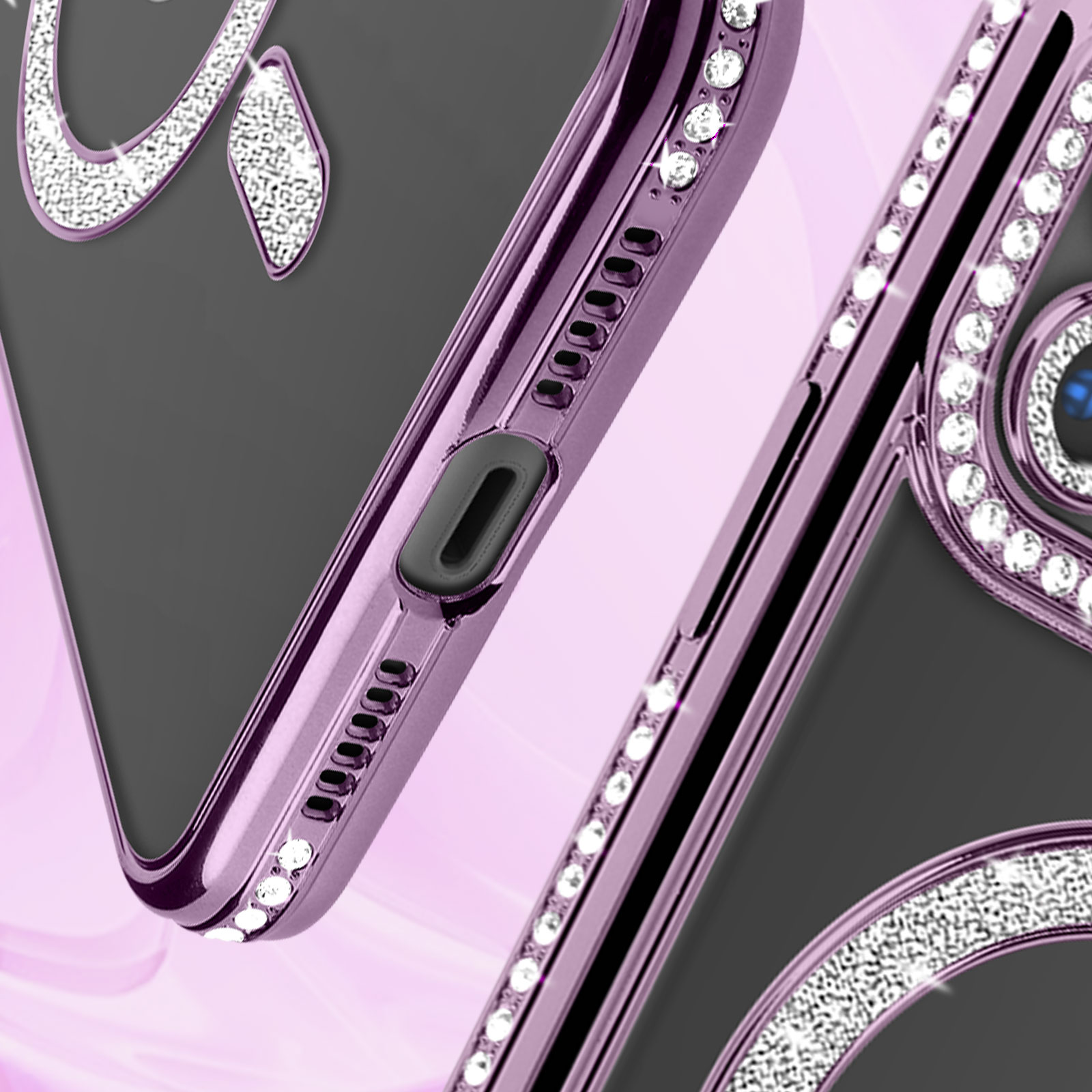 Primo piano di una custodia viola per telefono con un design a serpente di cristallo, che mostra i dettagli della custodia.