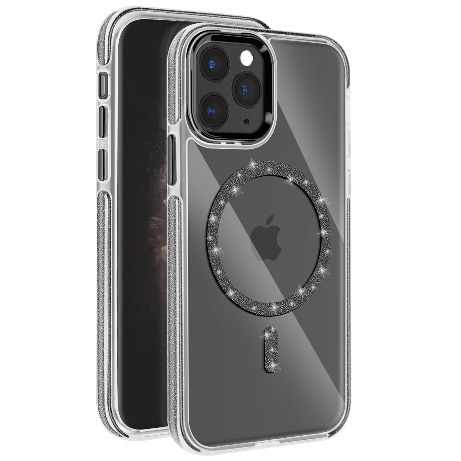 iPhone in una custodia trasparente con anello MagSafe nero, logo Apple e contorno glitterato argentato.