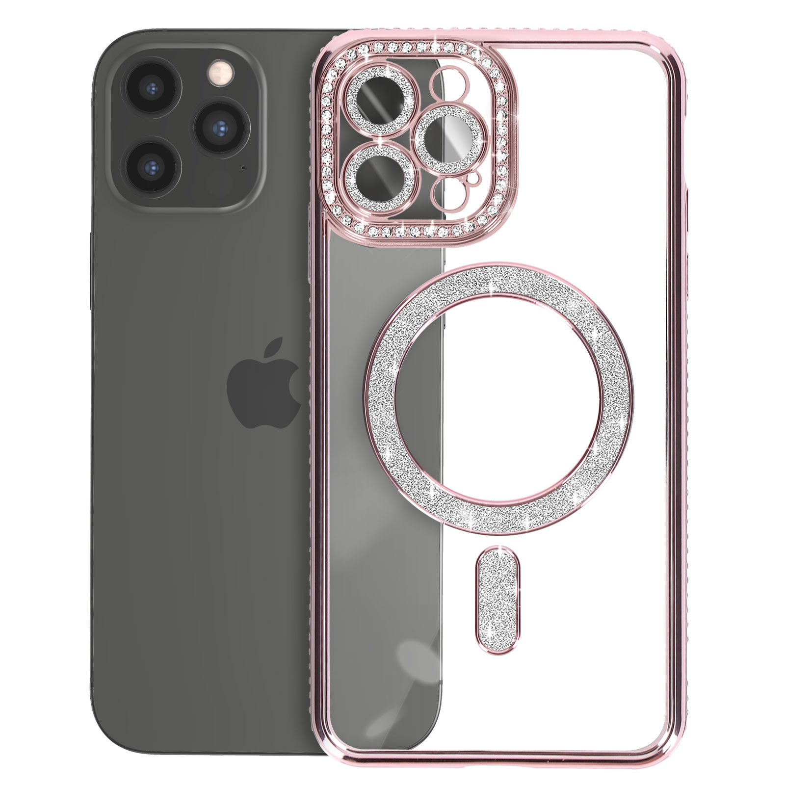 iPhone con custodia trasparente bordata di rosa e tempestata di cristalli. La custodia presenta un anello MagSafe e il logo Apple.