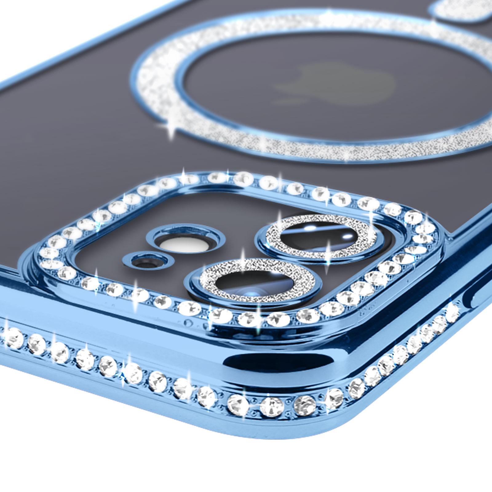 Primo piano di una custodia blu per telefono, che evidenzia i cristalli attorno agli obiettivi della fotocamera e ai bordi della custodia.