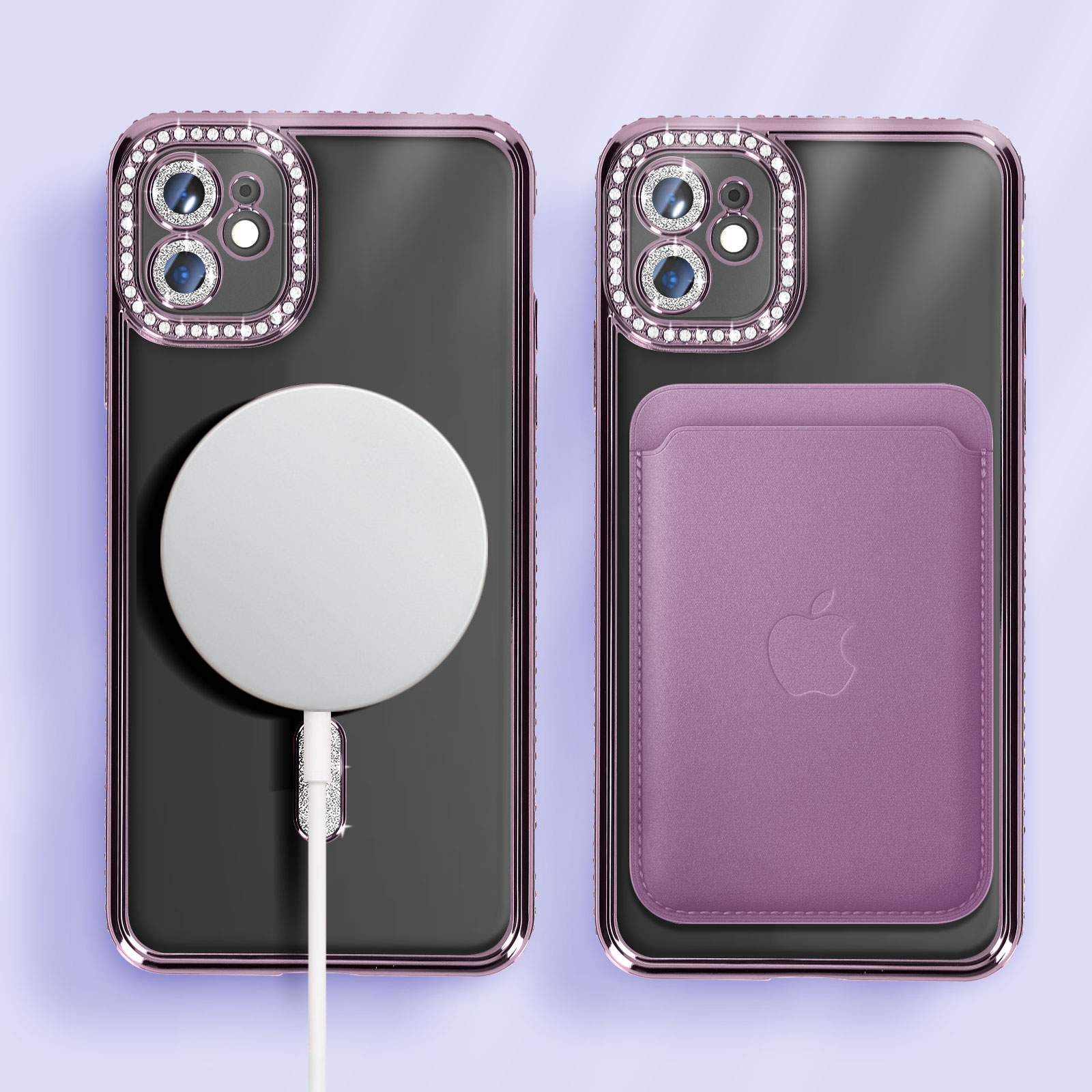 Due iPhone: uno con caricatore MagSafe bianco, l'altro con porta carte viola. Entrambi in custodie di cristallo.