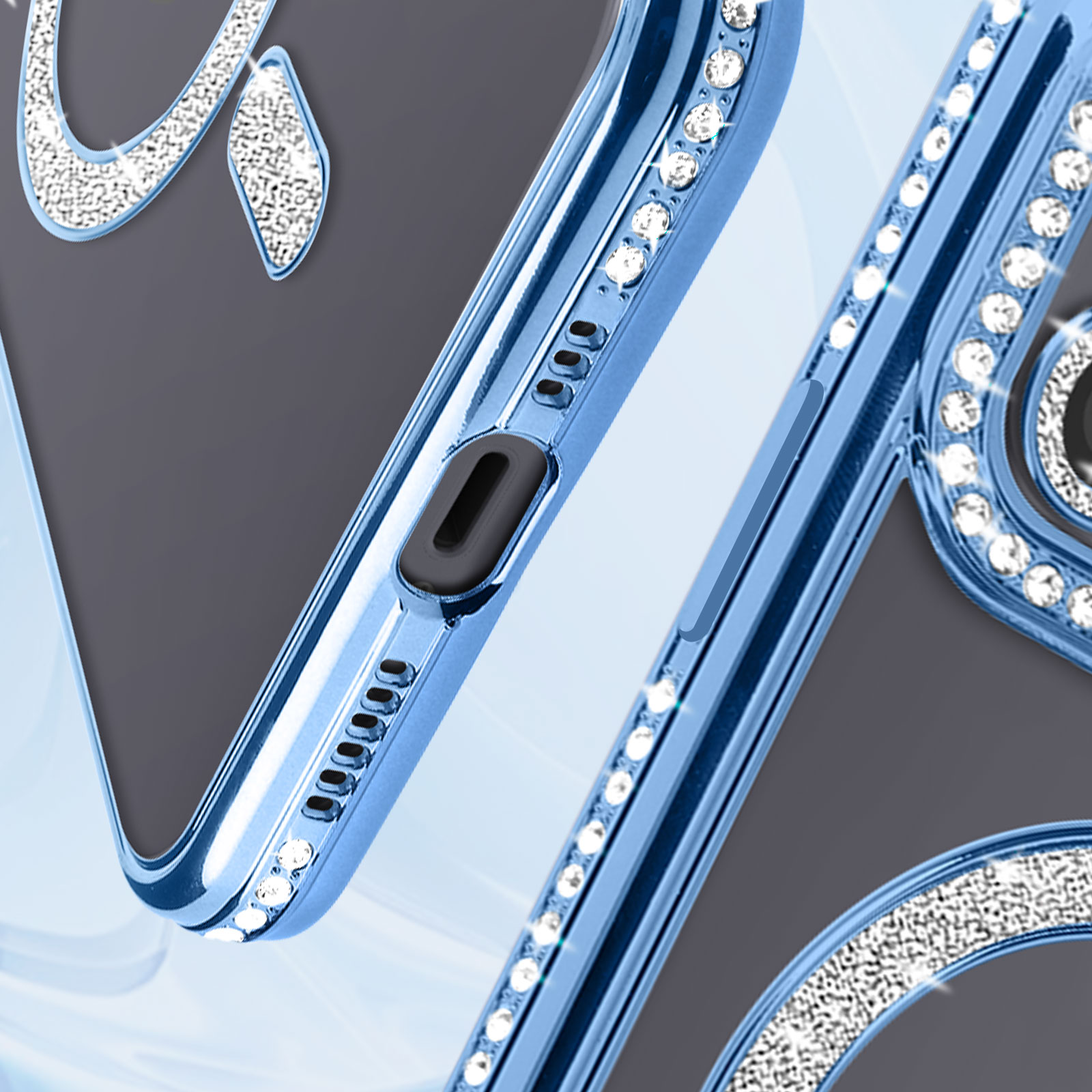 Primo piano di una custodia blu per telefono con dettagli di diamanti sul lato e intorno alla fotocamera.