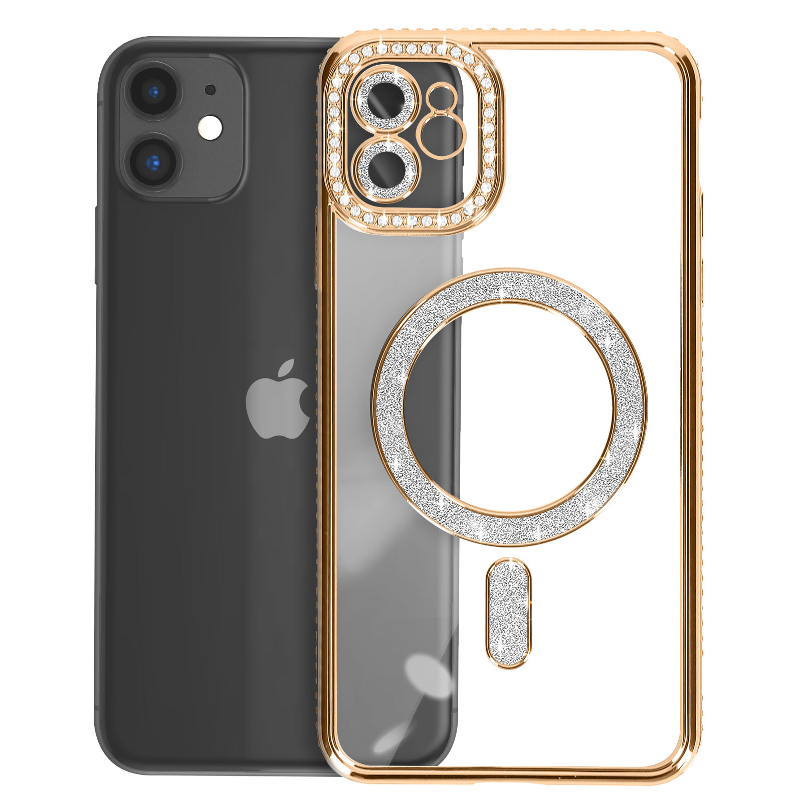 iPhone con custodia trasparente bordata d'oro e tempestata di cristalli. La custodia presenta un anello MagSafe e il logo Apple.