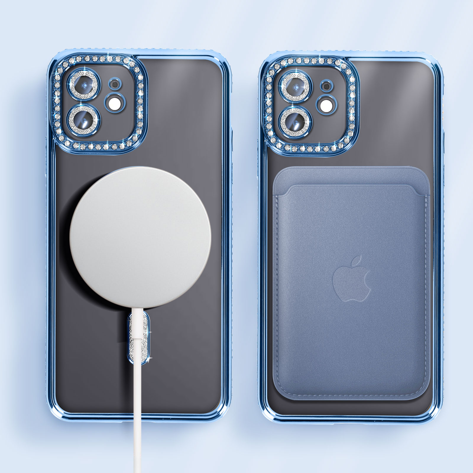 Due custodie per telefono, cornice blu con diamanti. Una ha un caricatore bianco, l'altra un portafoglio blu.