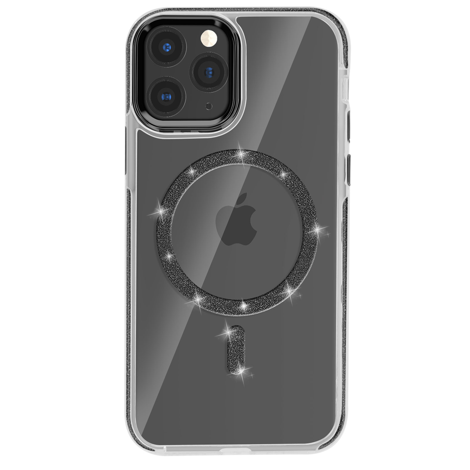 iPhone in una custodia trasparente con anello MagSafe nero, logo Apple e contorno glitterato argentato.
