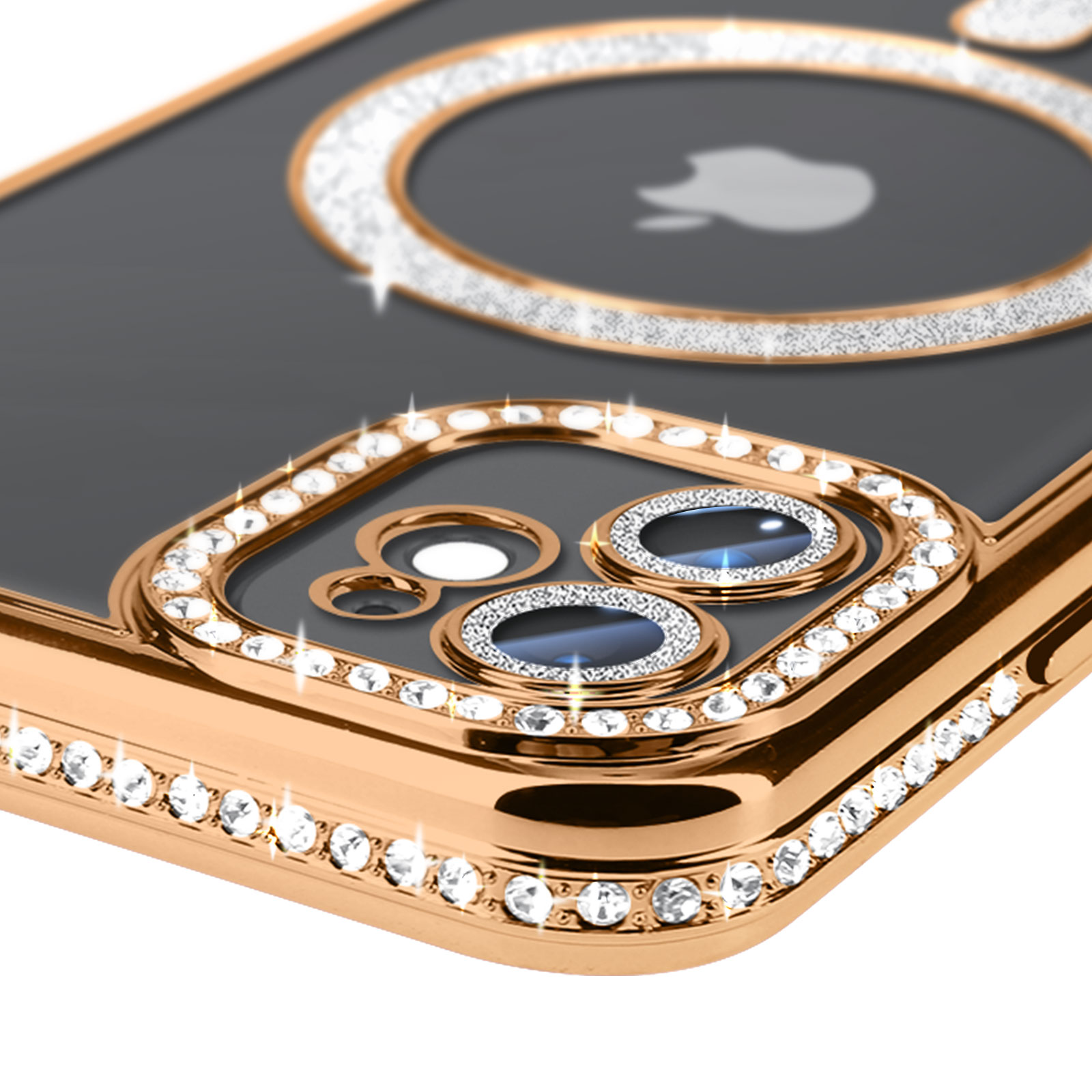 Primo piano di una custodia per telefono con cornice dorata, diamanti attorno alla fotocamera e logo Apple bianco.
