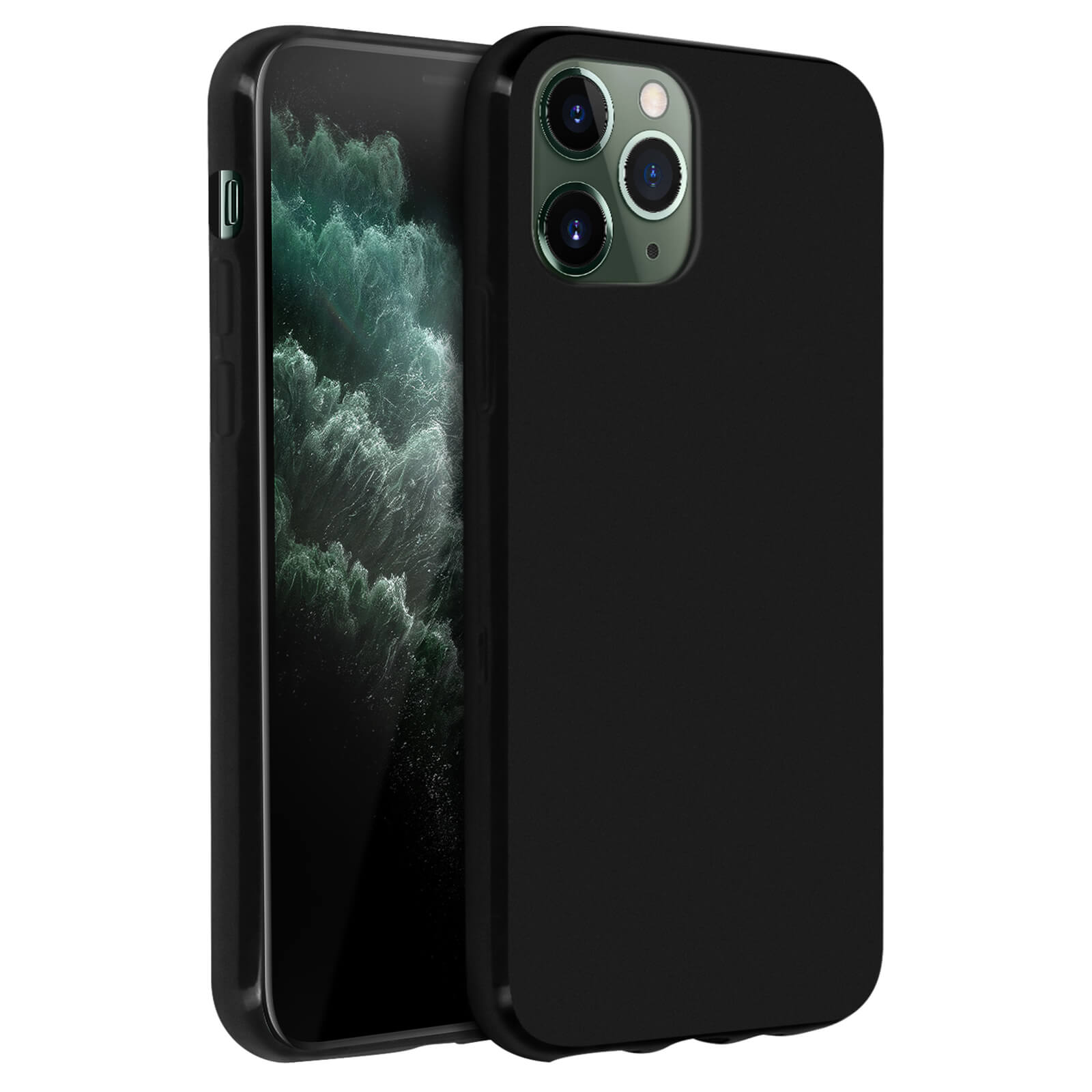 Due custodie nere per telefono. Una mostra la parte anteriore del telefono, l'altra la parte posteriore con la fotocamera.