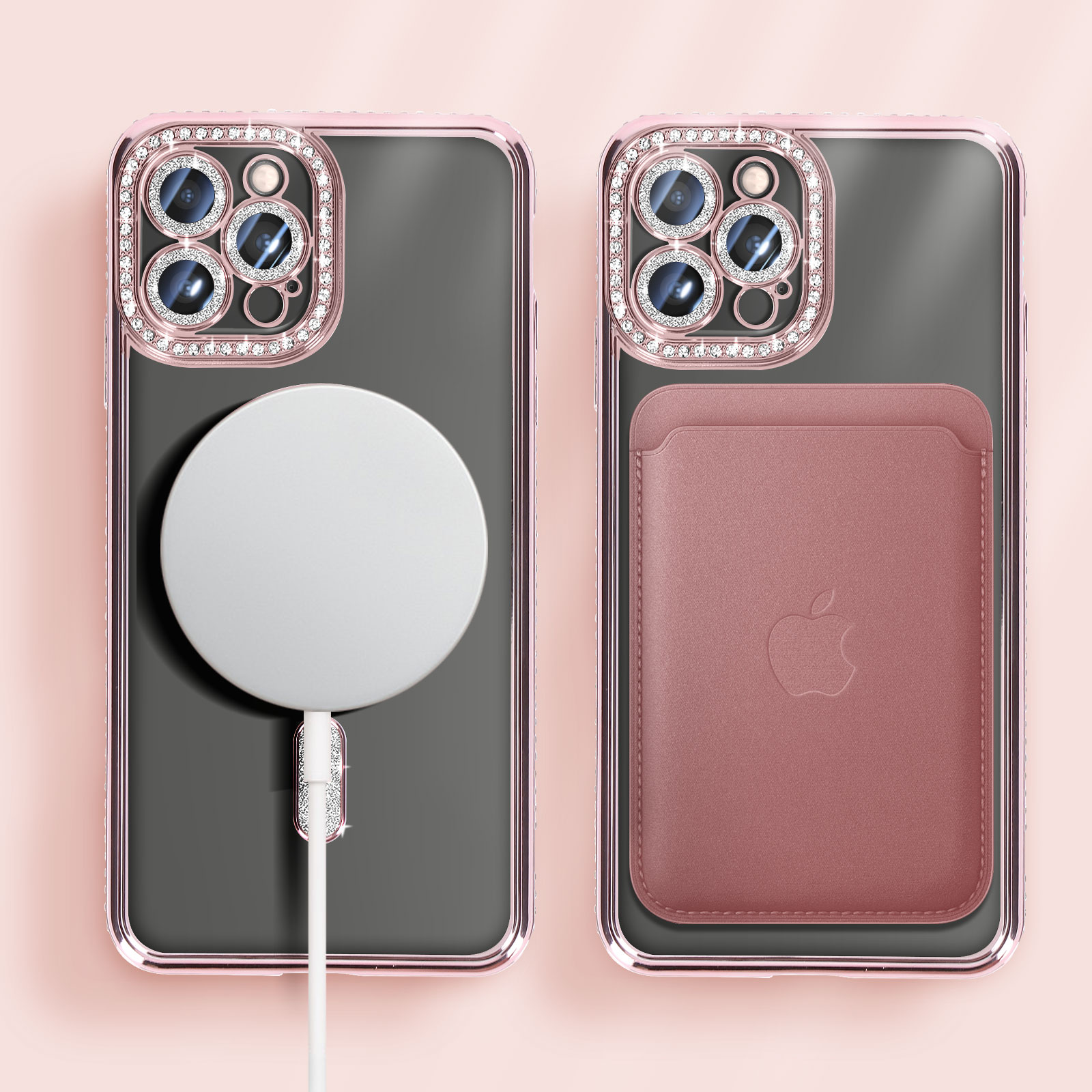 Due custodie per telefono con cornici dorate e diamanti. Una con caricatore bianco, l'altra con portafoglio rosa.