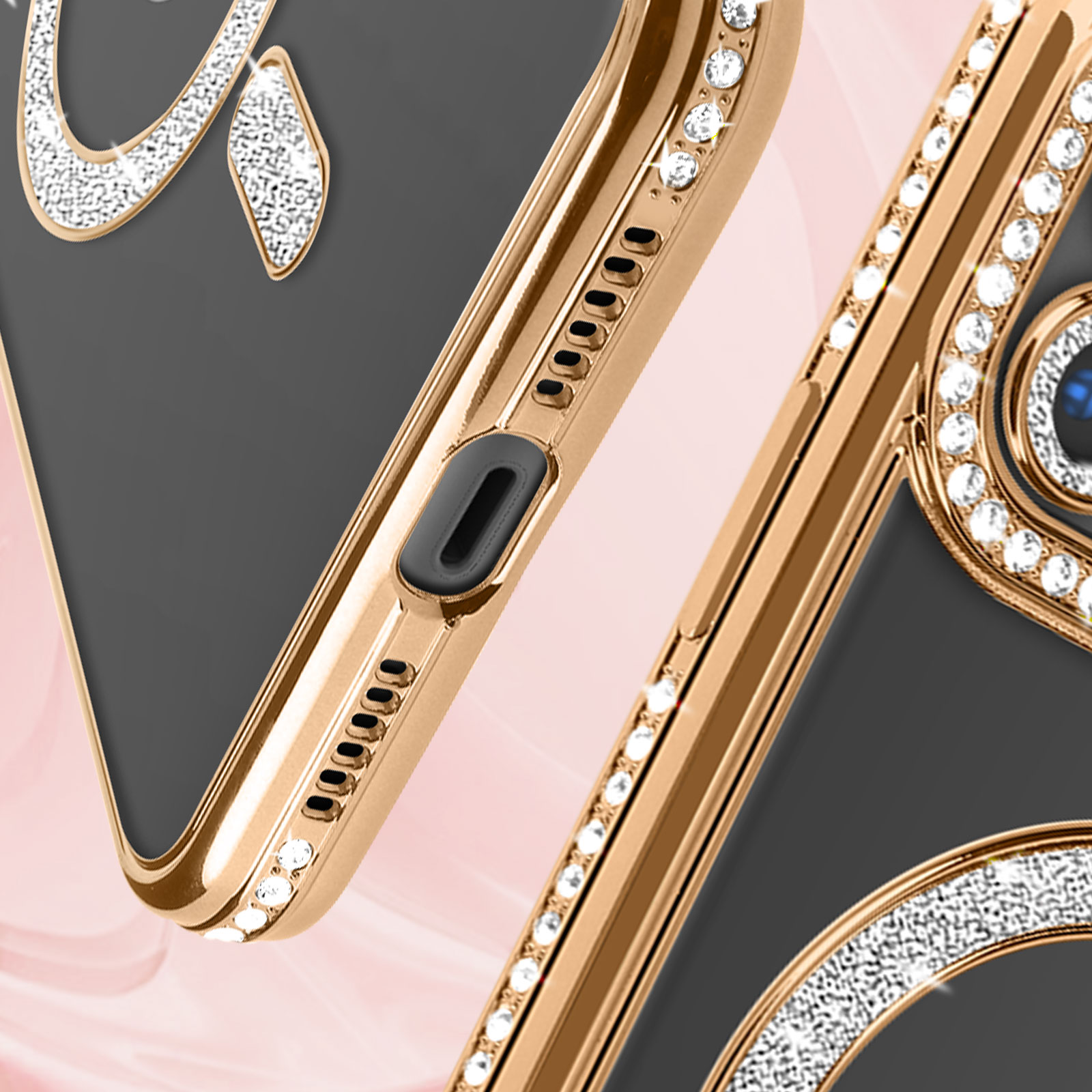 Primo piano di una custodia per telefono con cornice oro rosa, dettagli di diamanti e i pulsanti laterali.