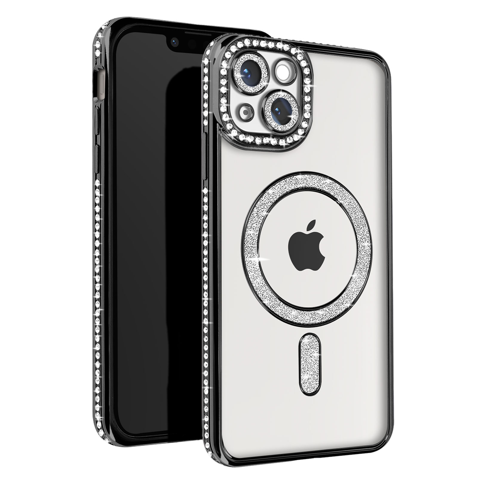 Custodia per telefono con retro trasparente e bordi glitterati. Cerchio e rettangolo.
