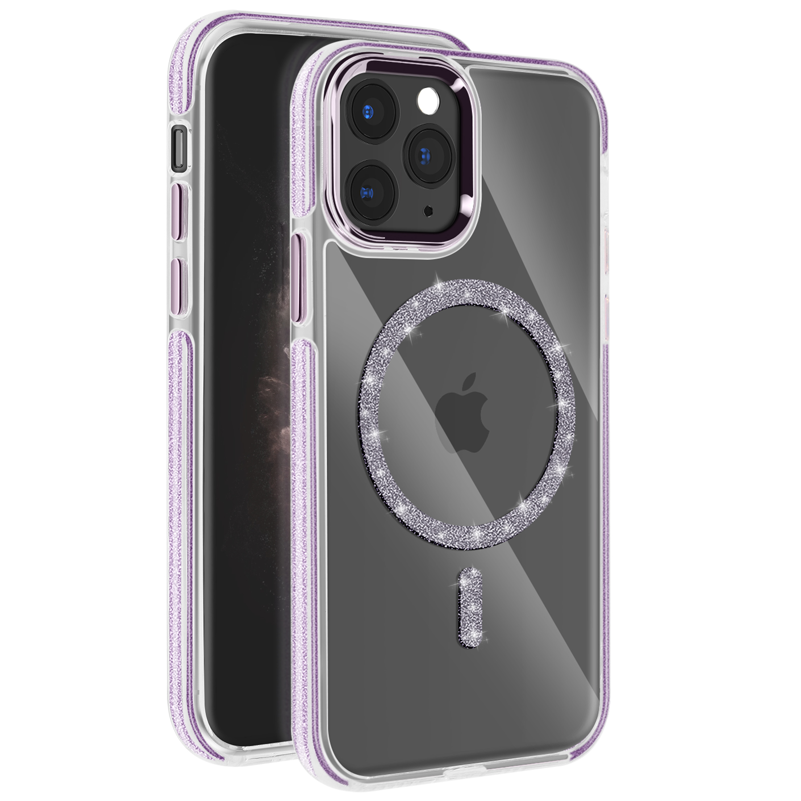 Telefono con dettagli lavanda, custodia trasparente e anello MagSafe argento.
