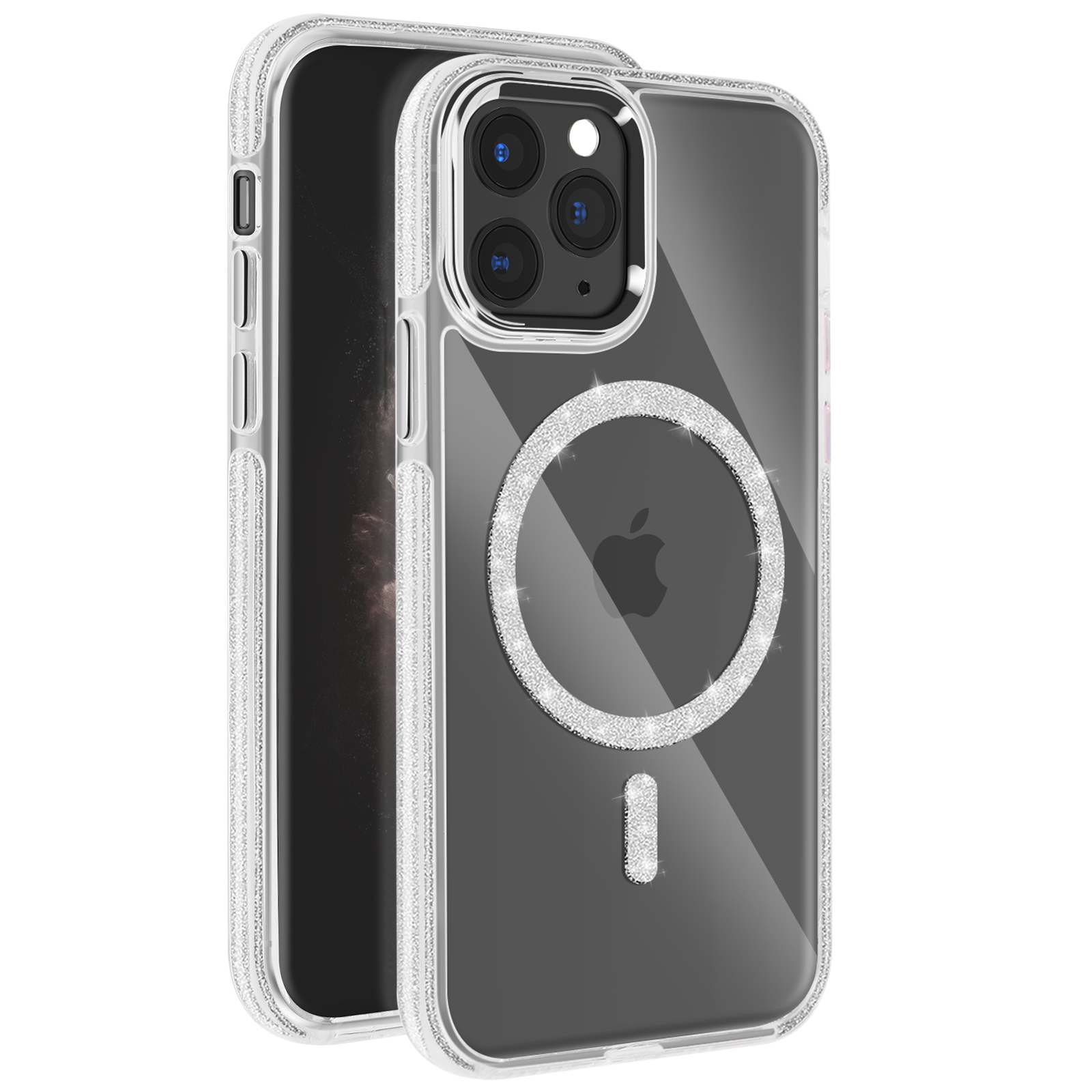 Custodia trasparente con bordi glitterati argentati, cerchio e rettangolo. Telefono visibile.