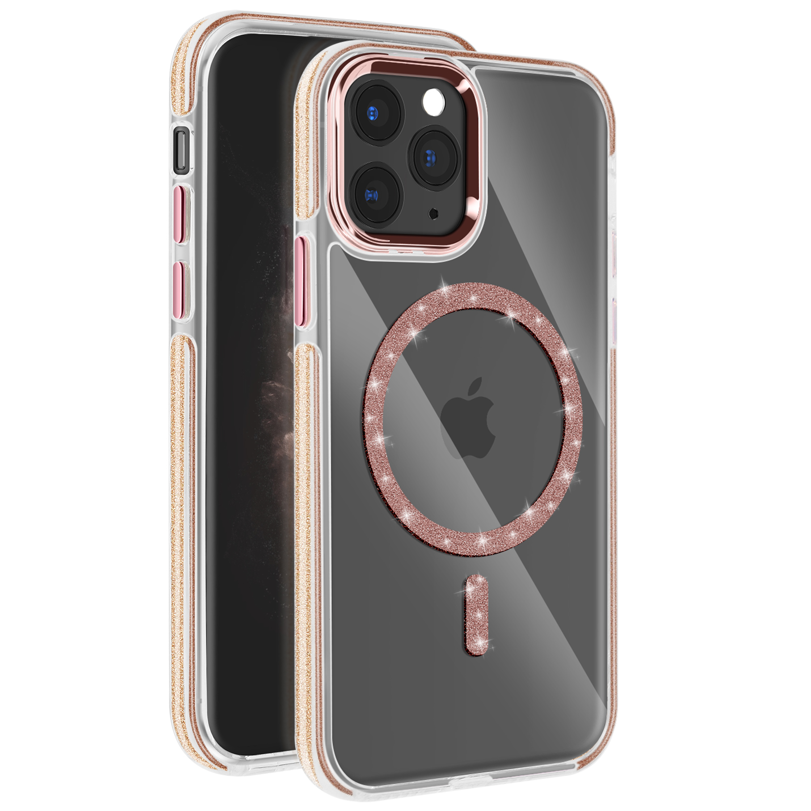 Telefono con dettagli oro rosa, custodia trasparente e anello MagSafe oro rosa.
