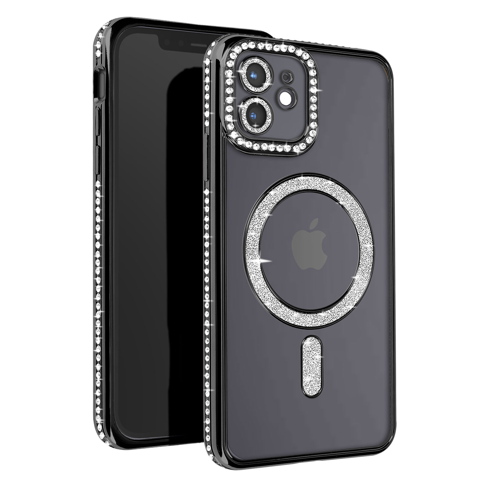 Telefono nero con custodia trasparente, dettagli diamanti e anello MagSafe argento.