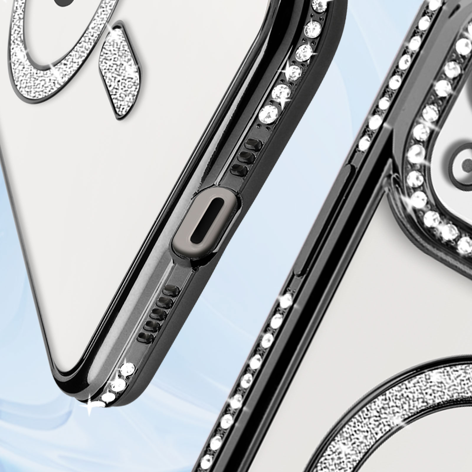 Dettaglio della custodia del telefono con glitter e un pulsante. Visibili anche strass.