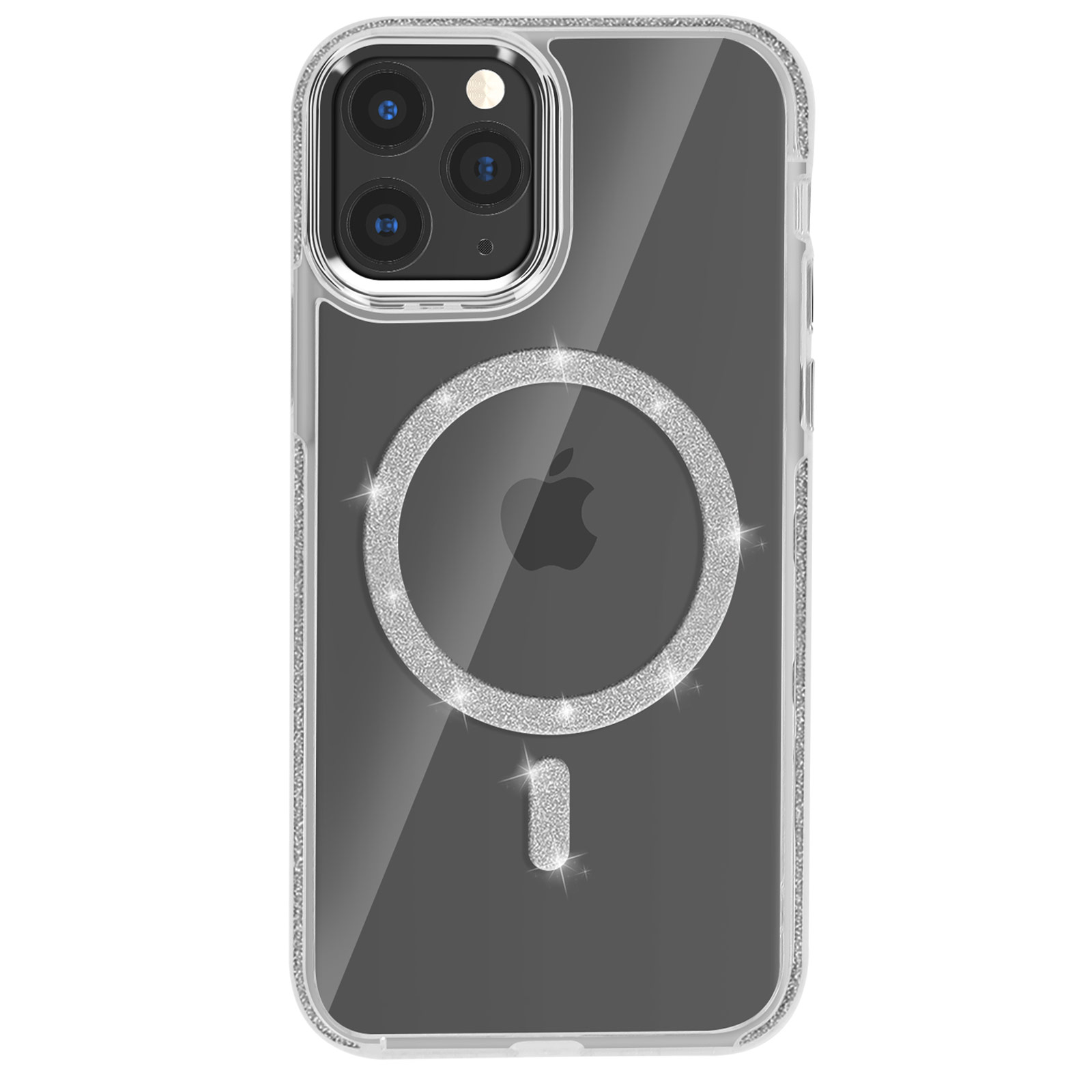 Custodia trasparente con anello MagSafe e cornice della fotocamera argentati con diamanti.
