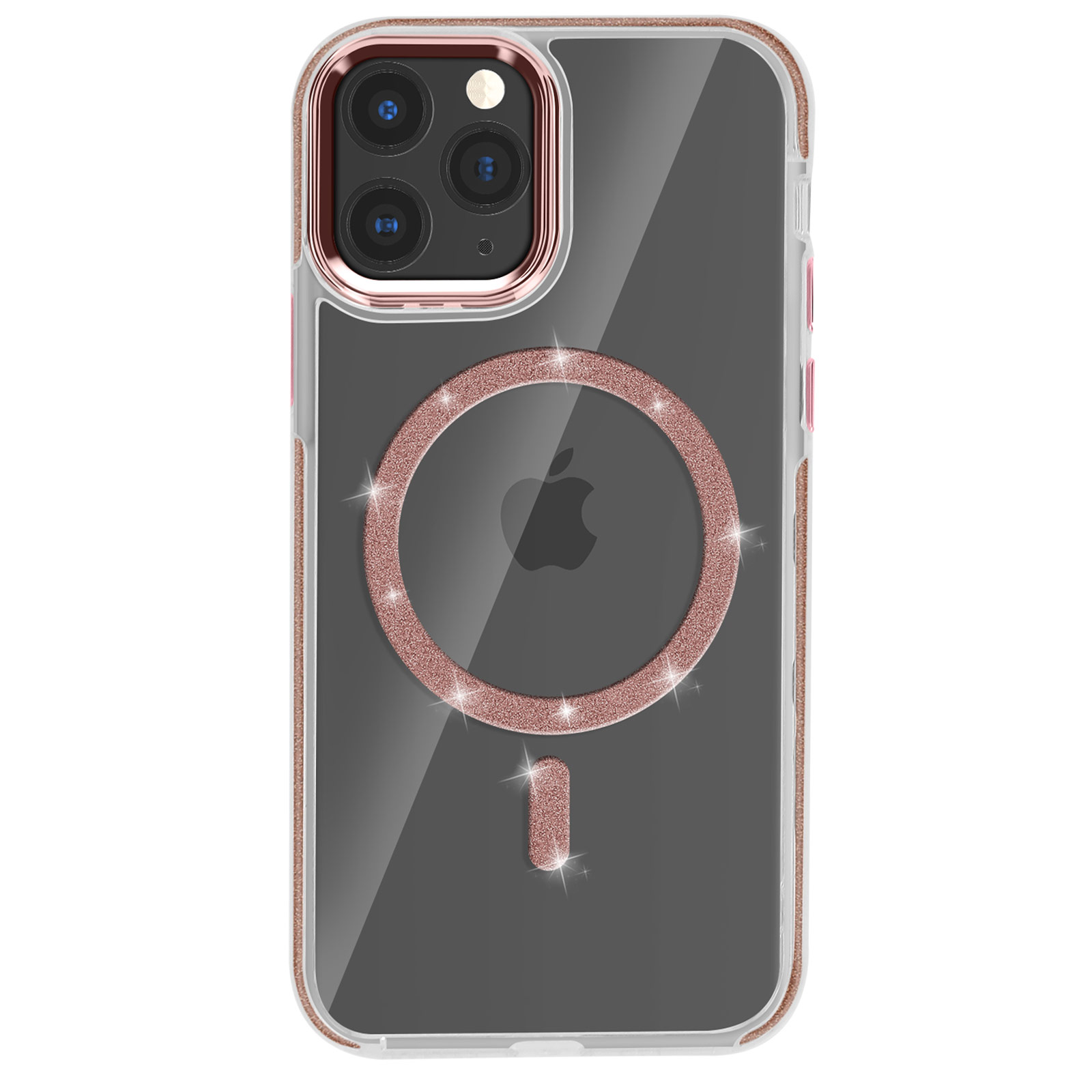 Custodia trasparente con bordi oro rosa, cerchio e rettangolo glitterati. Telefono visibile.