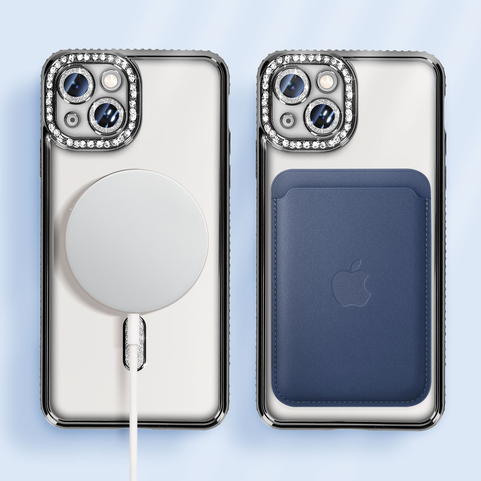 Due custodie per telefono, una con un cerchio bianco attaccato, l'altra con un portafoglio blu.