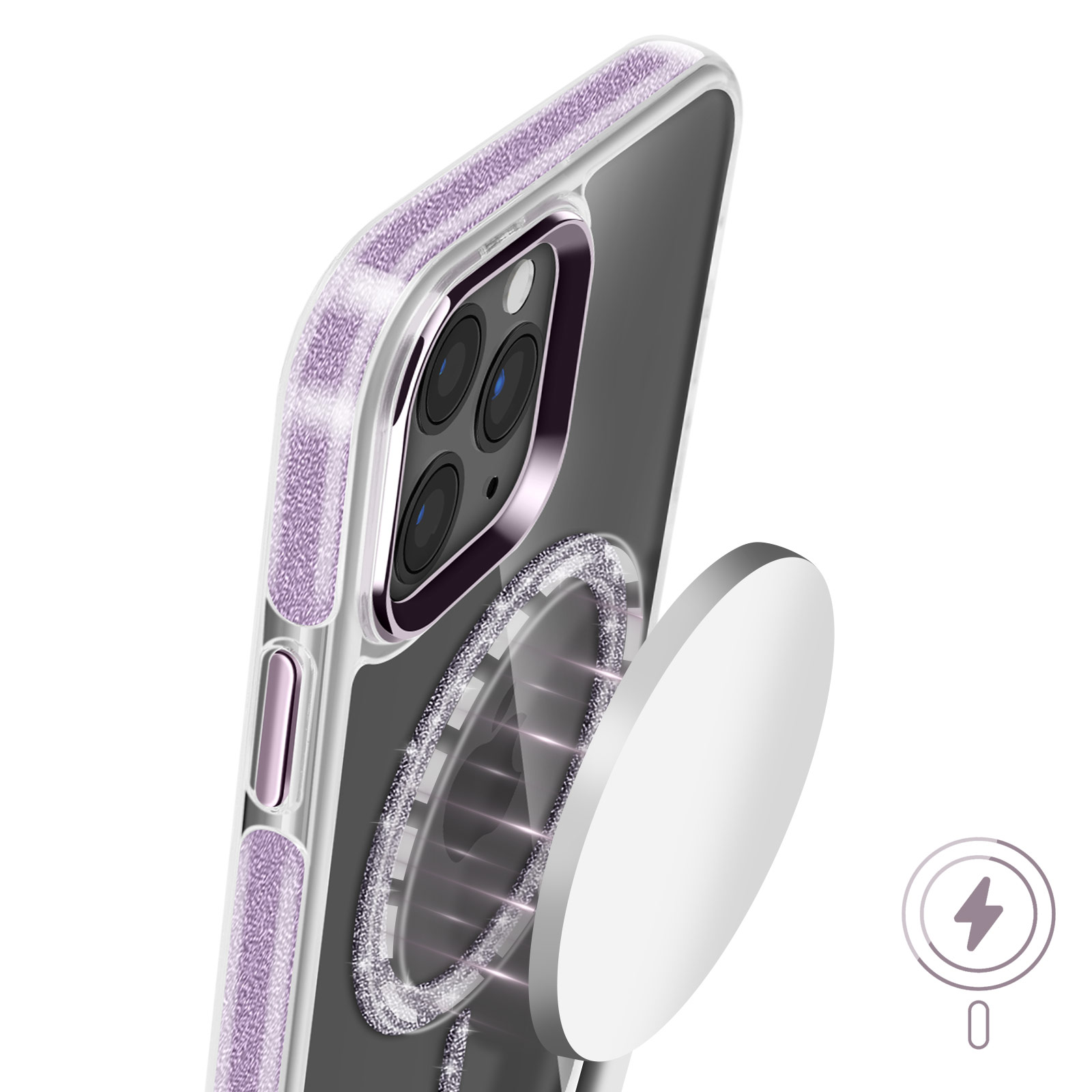 Telefono con custodia trasparente, dettagli lavanda e anello MagSafe argento con caricatore magnetico.