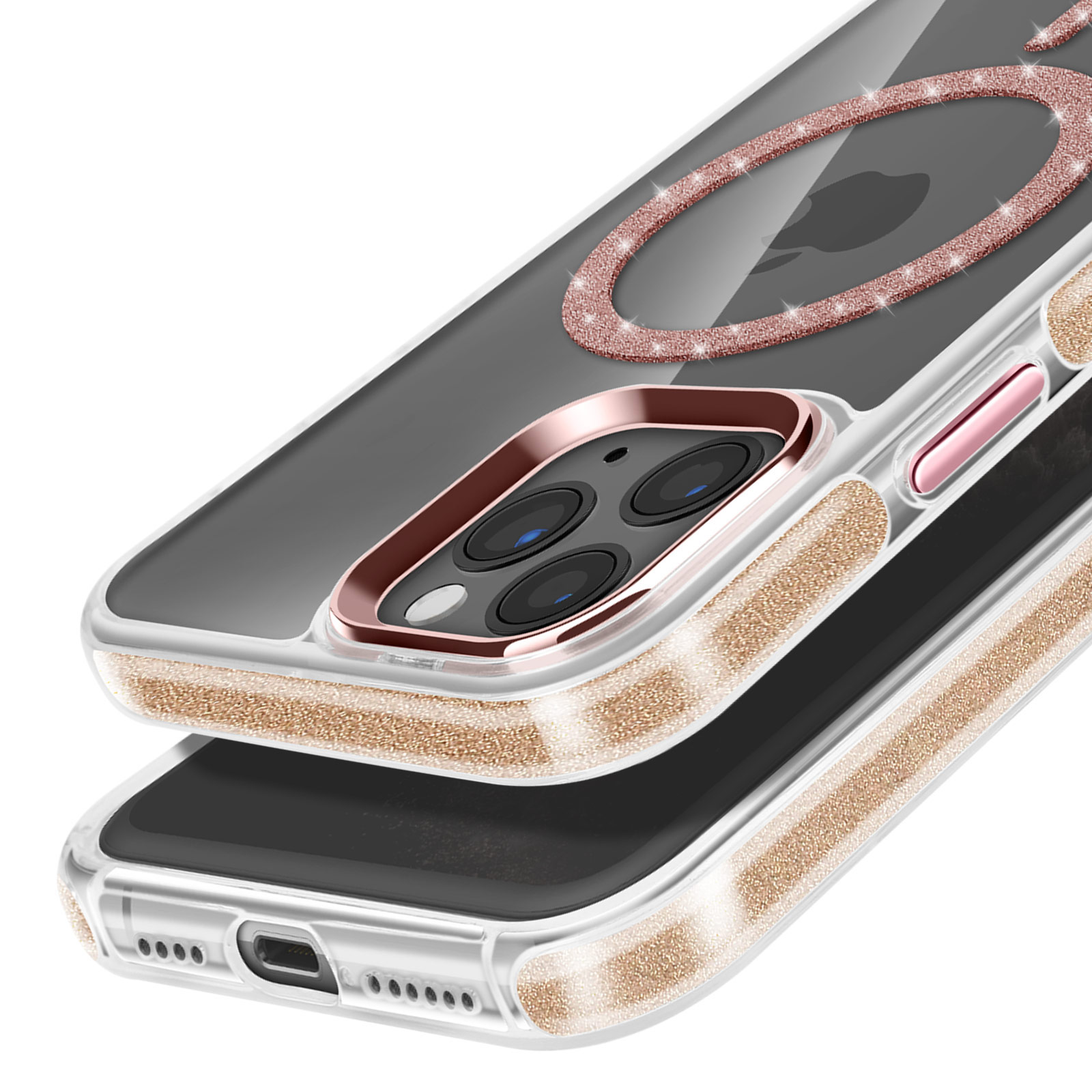 Telefono con dettagli oro rosa, custodia trasparente e anello MagSafe oro rosa.