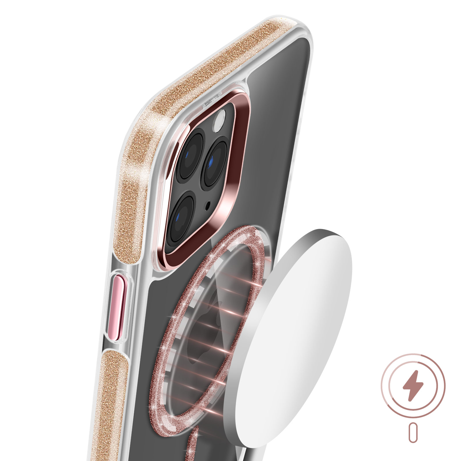 Telefono con custodia trasparente e attacco di ricarica magnetico. Design scintillante.