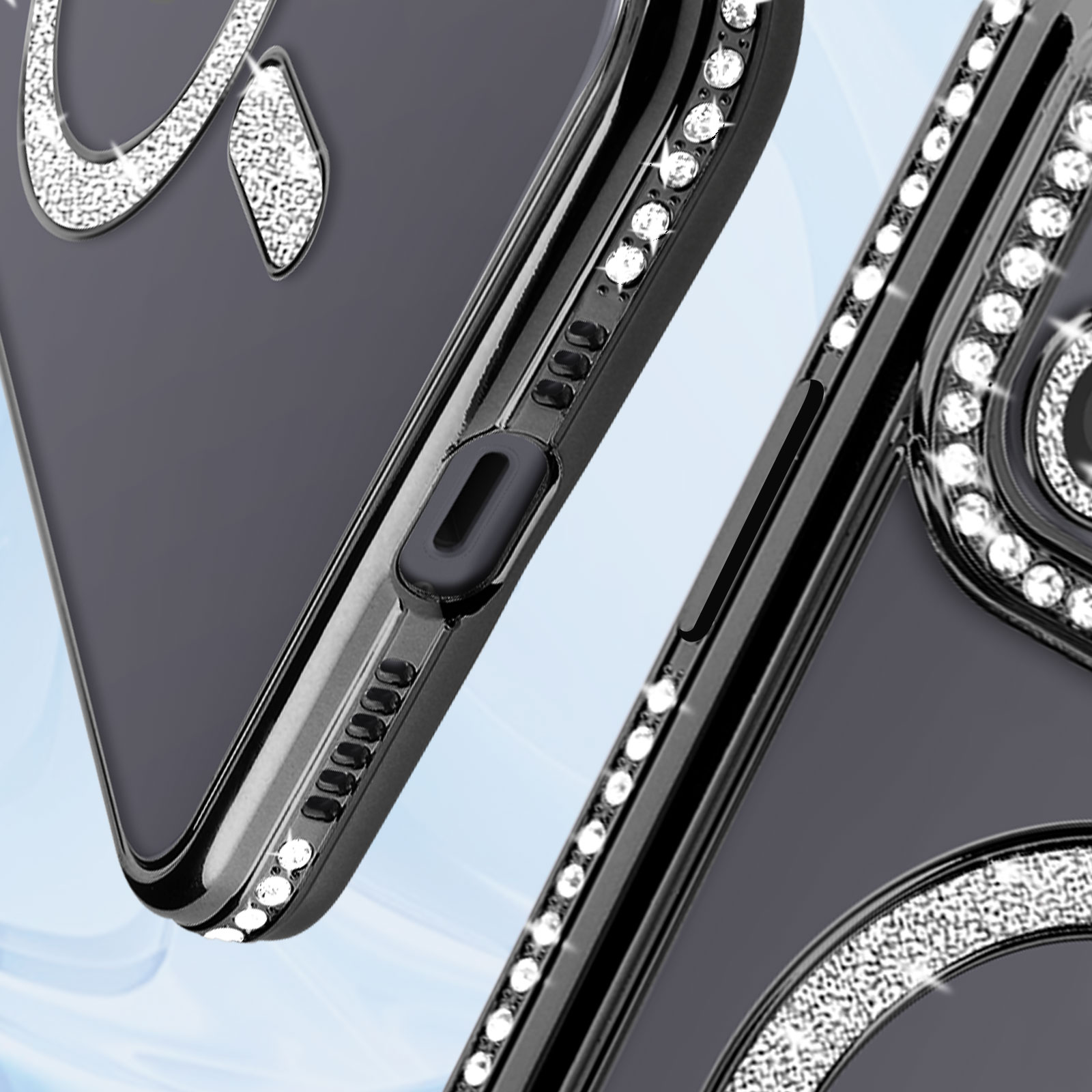 Primo piano di una custodia per telefono con un design di strass sul bordo e un design a forma di serpente argentato.