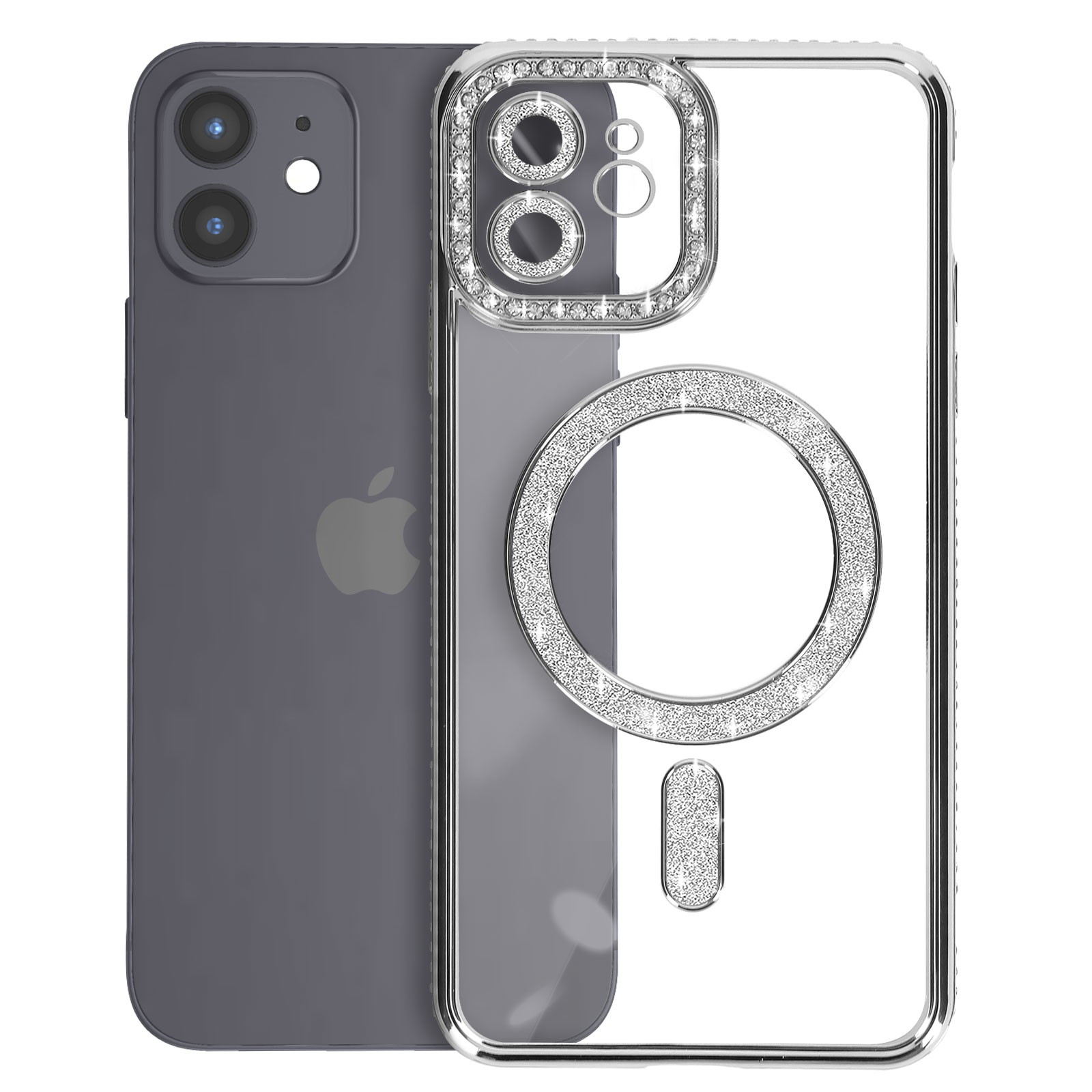 Custodia trasparente con dettagli blu, anello MagSafe diamante argento e telefono.