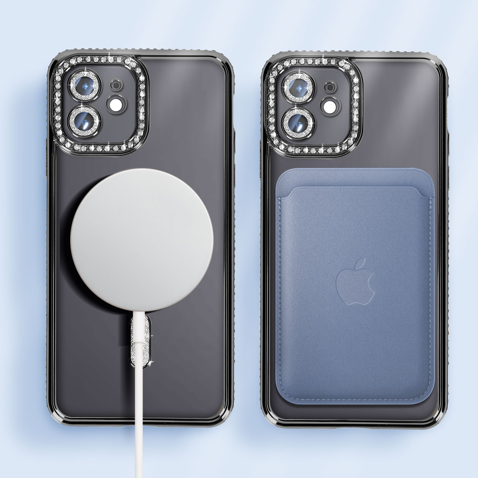 Due custodie per telefono con cornici argentate, strass e accessori come caricatore e porta carte.