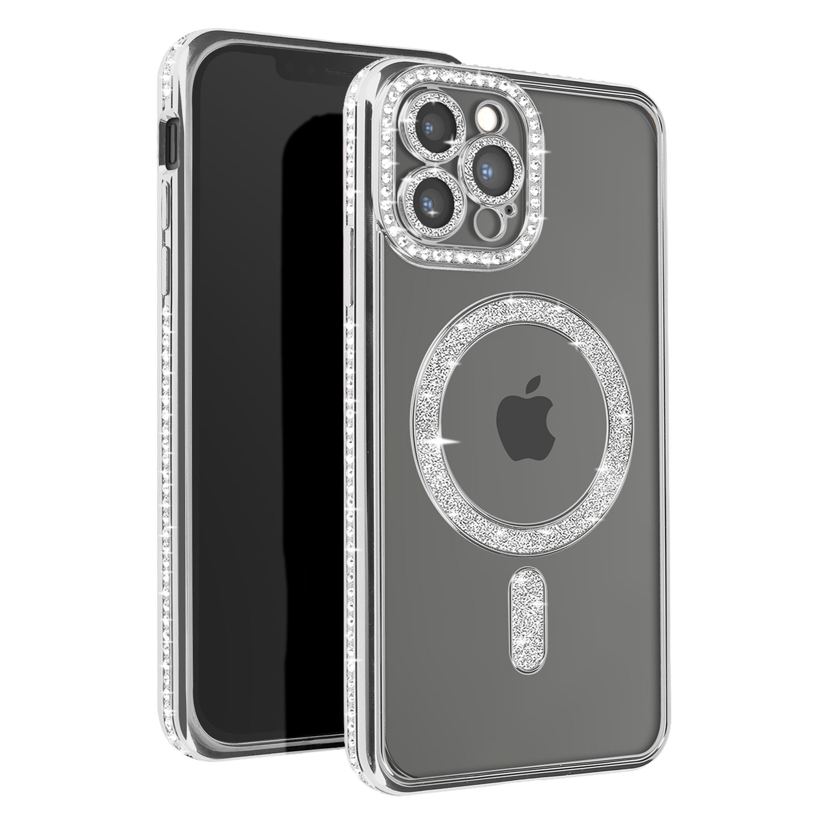 Telefono nero in custodia trasparente con dettagli diamanti e anello MagSafe argento.