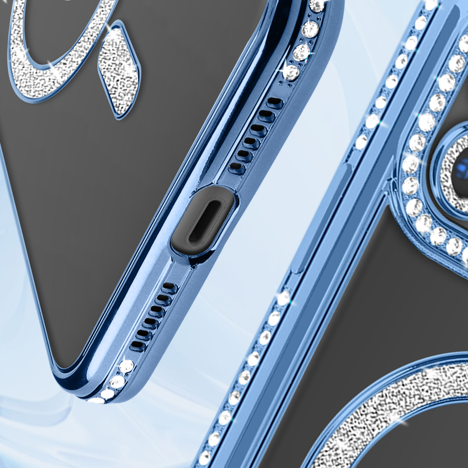 Primo piano di una custodia per telefono con cornice blu, strass lungo il bordo e interno nero.