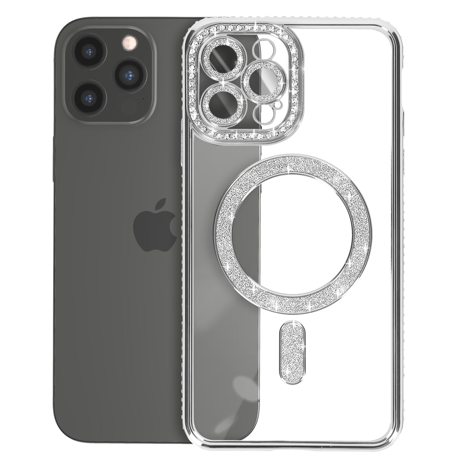 Telefono nero con custodia trasparente, dettagli diamanti argento e anello MagSafe argento.