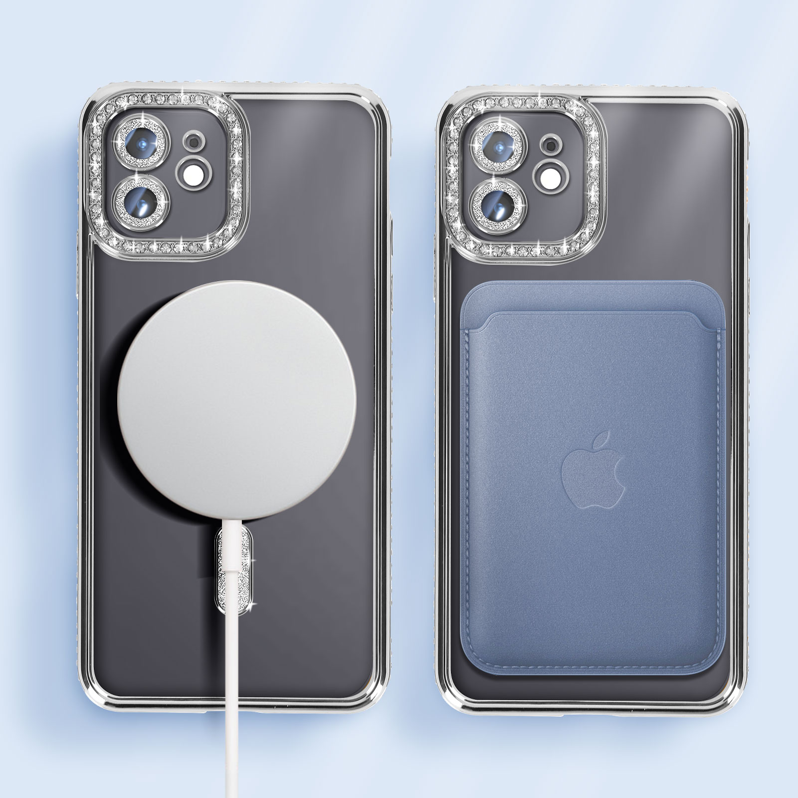 Due custodie per telefono con cornici argentate, strass e accessori come caricatore e porta carte.