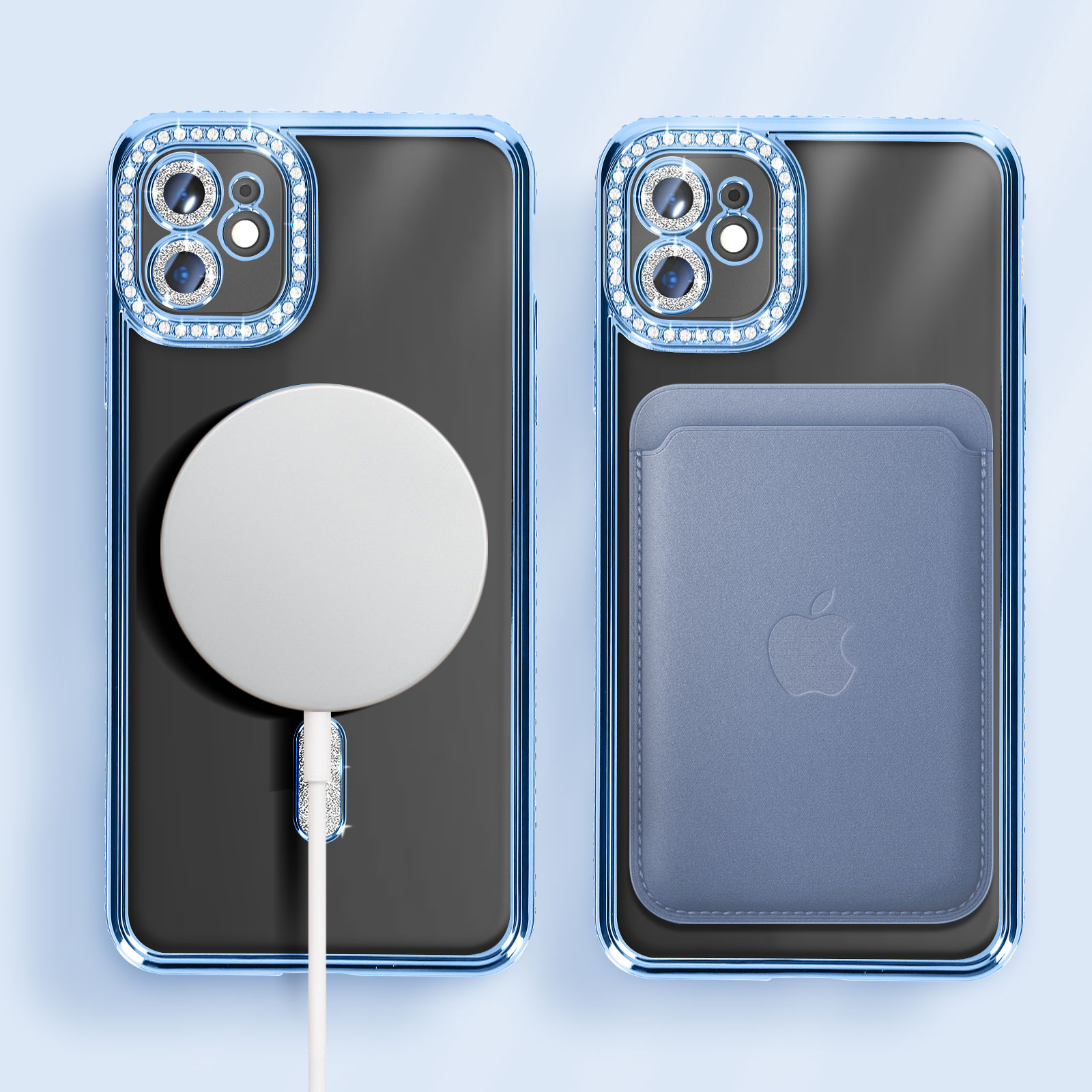 Due custodie per telefono con cornici blu, strass e accessori come caricatore e porta carte.