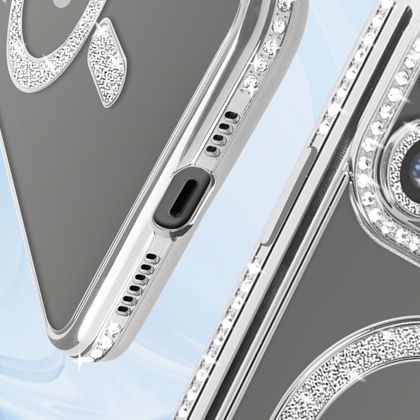 Primo piano di una custodia per telefono con strass. Messa a fuoco sul lato del telefono.