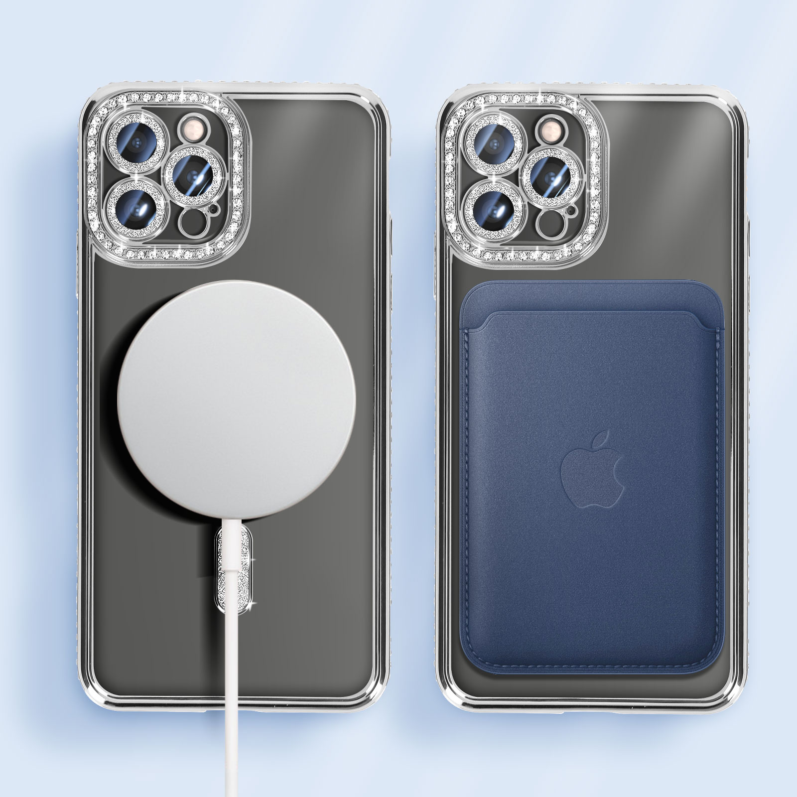 Due custodie per telefono con cornici argentate, strass e accessori come caricatore e porta carte.